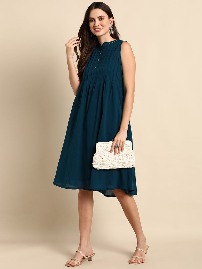 Women's Solid Teal Cotton Dress