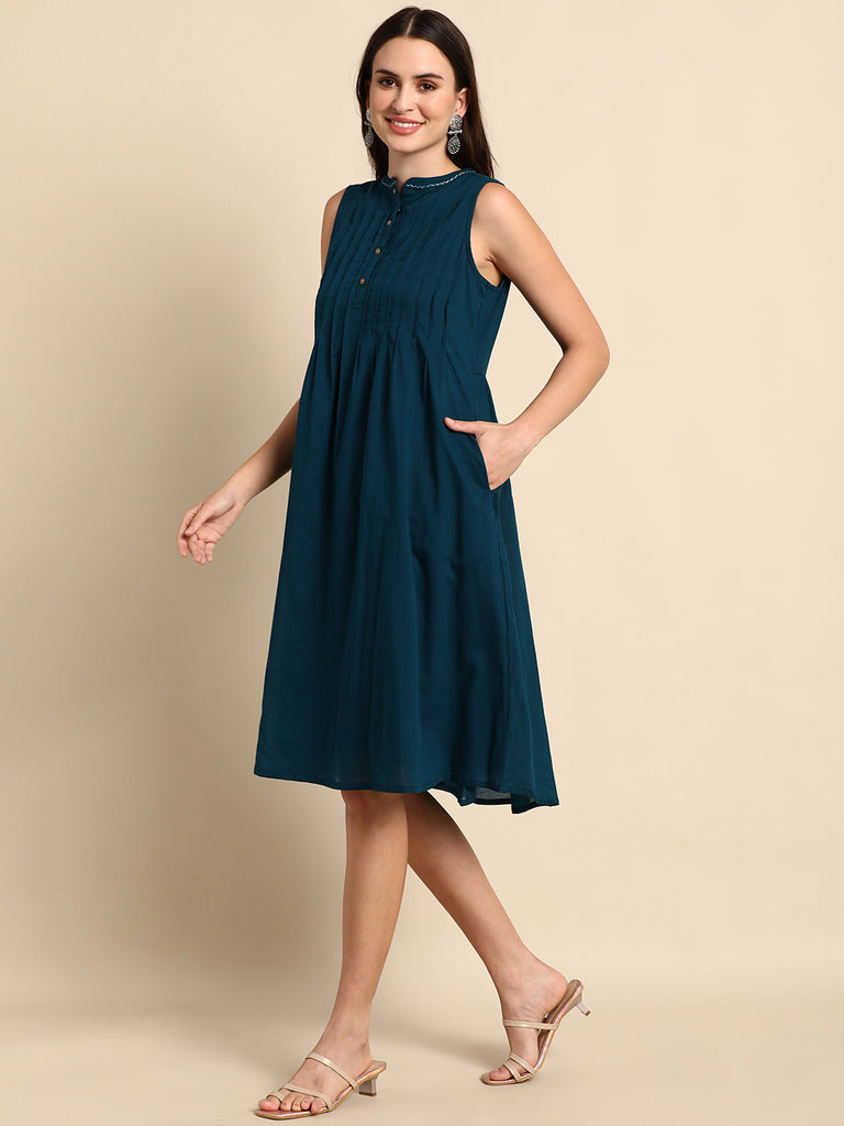 Women's Solid Teal Cotton Dress