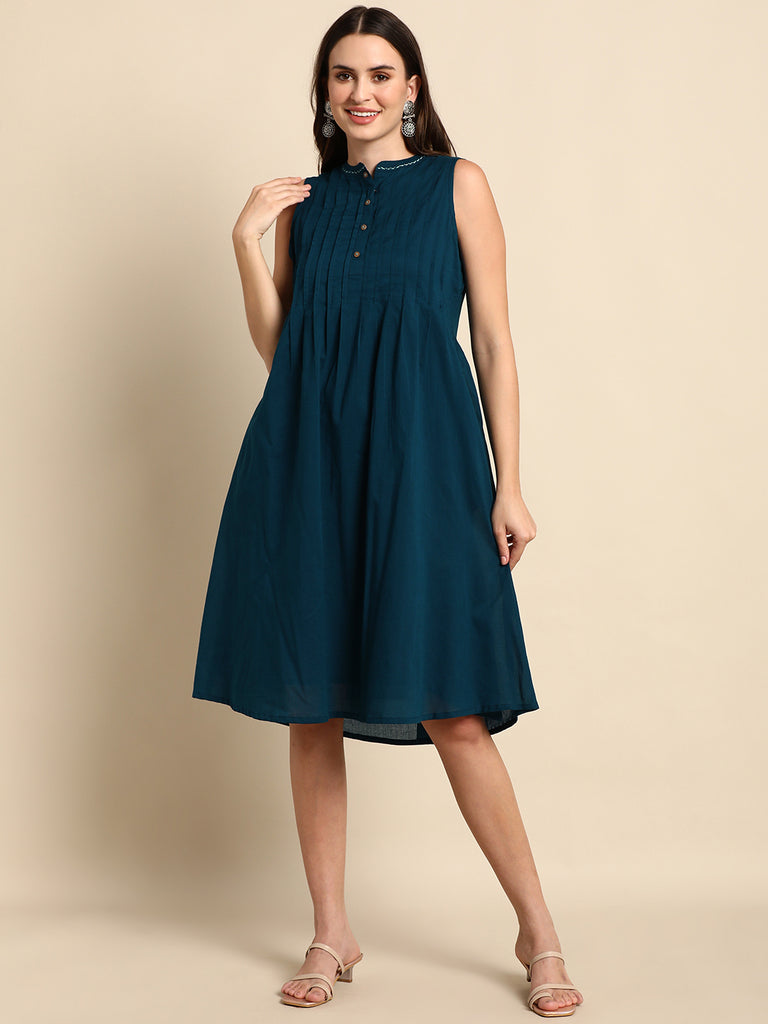 Women's Solid Teal Cotton Dress