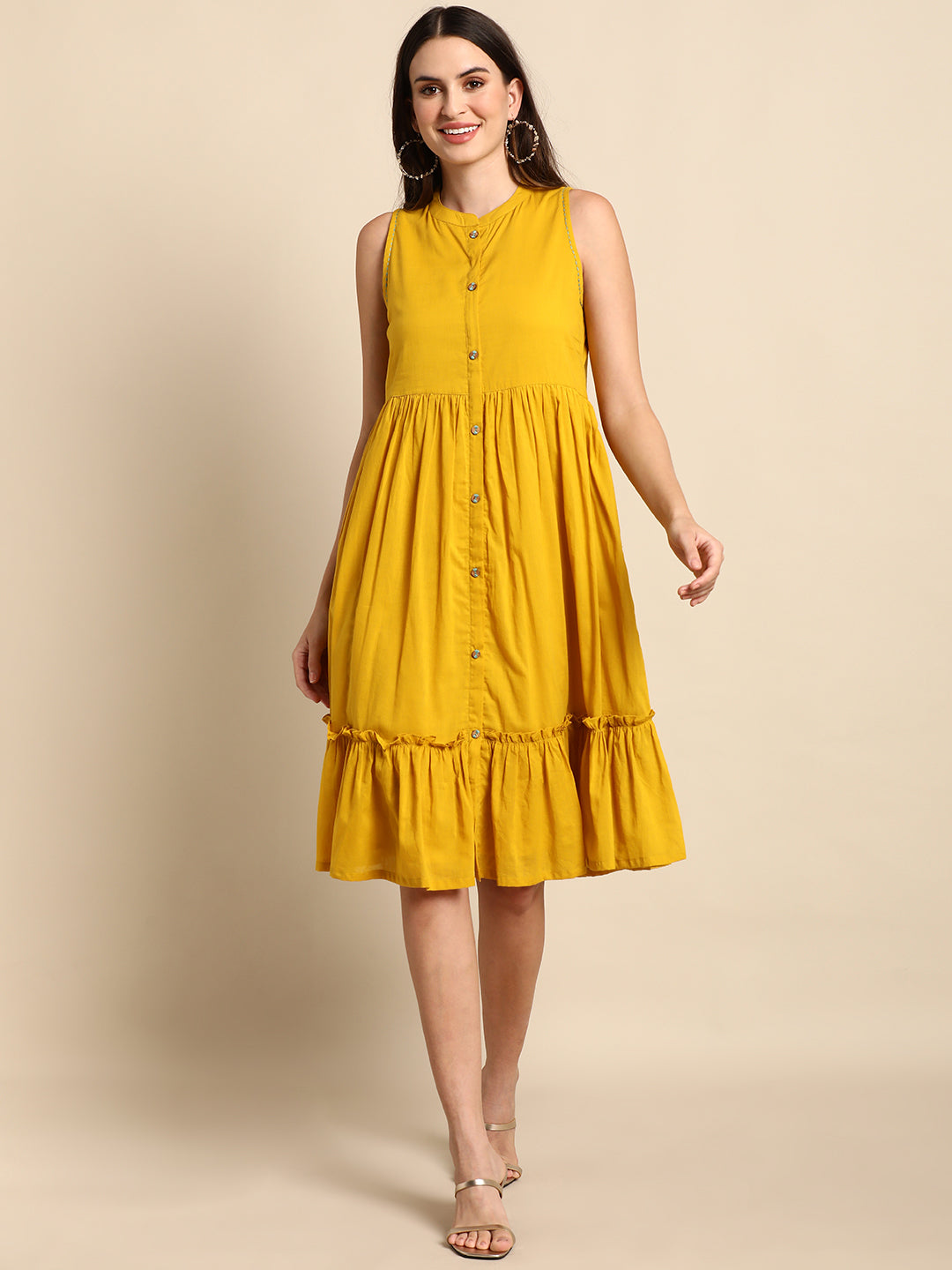 Women's Solid Mustard Cotton Dress - Janasya