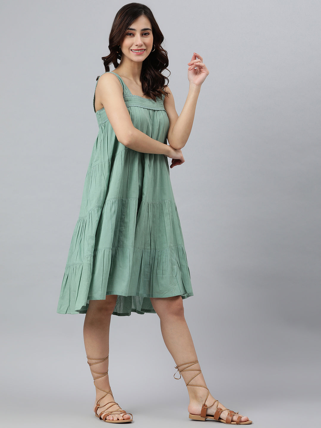 Women's Solid Mint Green Cotton Dress - Janasya
