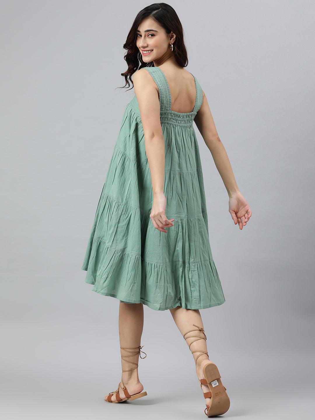 Women's Solid Mint Green Cotton Dress - Janasya
