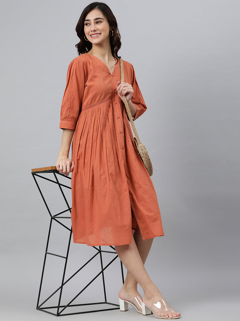Women's Solid Coral Orange Cotton Dress