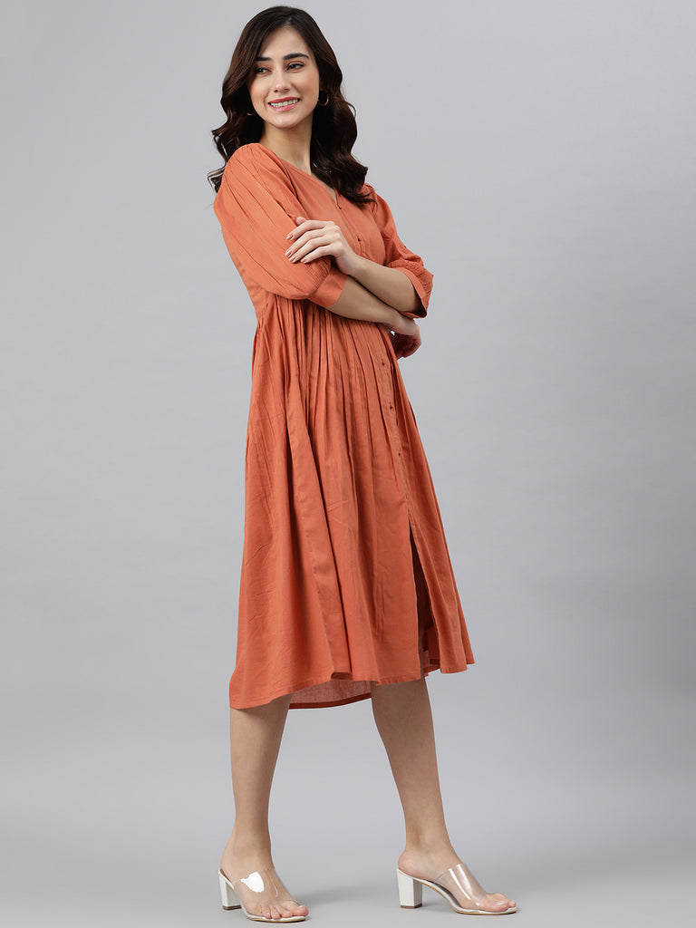 Women's Solid Coral Orange Cotton Dress