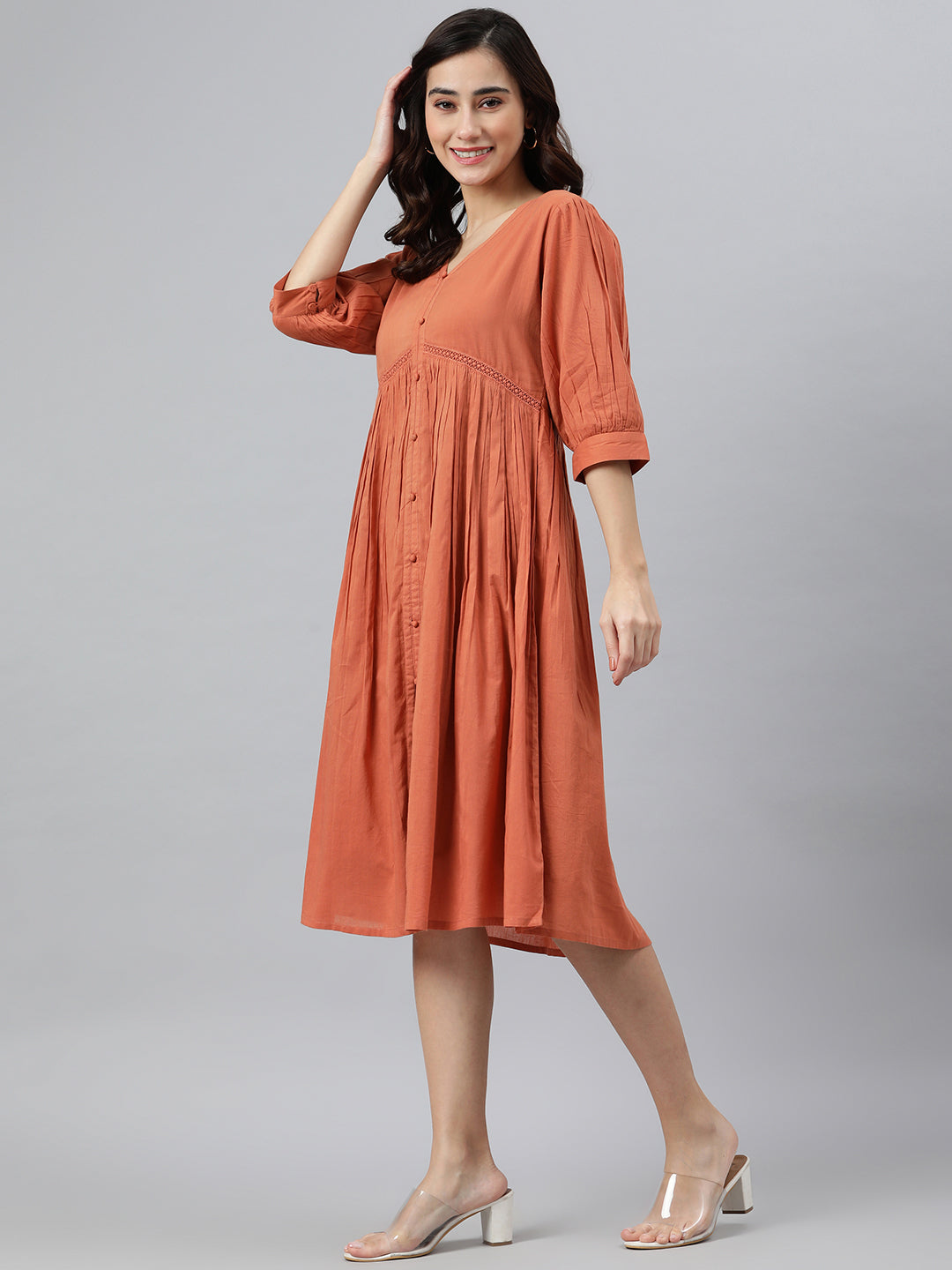 Women's Solid Coral Orange Cotton Dress - Janasya
