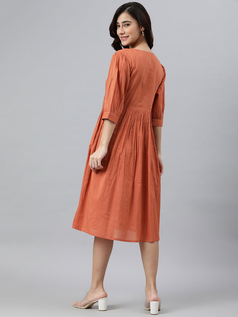 Women's Solid Coral Orange Cotton Dress
