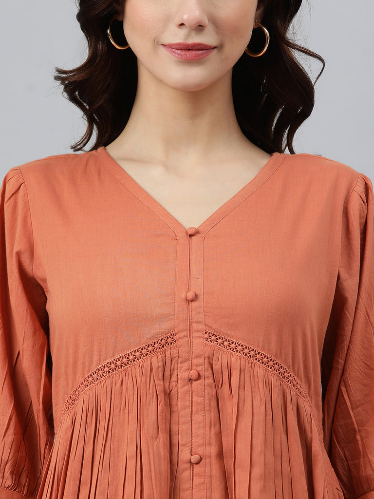Women's Solid Coral Orange Cotton Dress