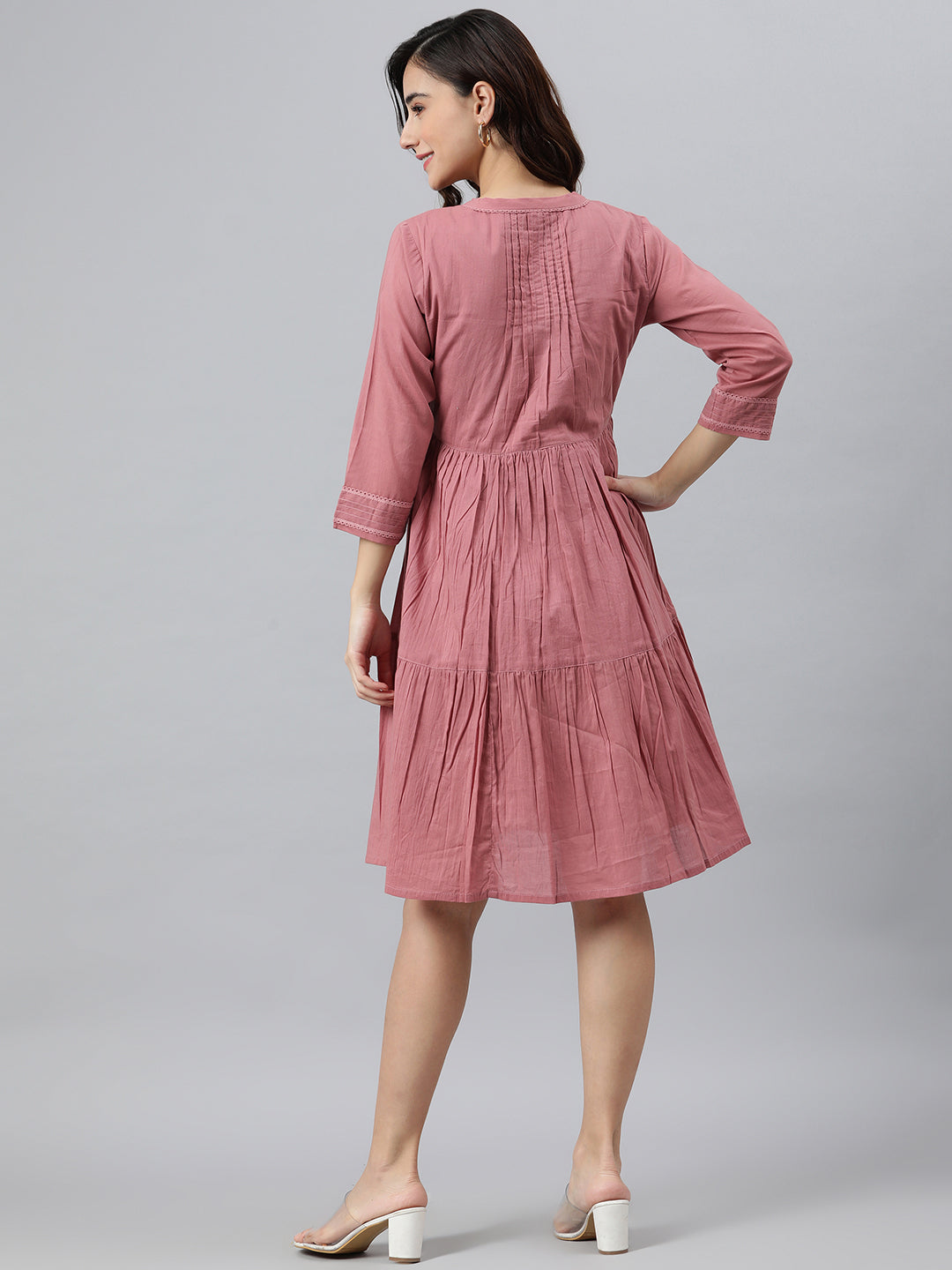 Women's Solid Coral Pink Cotton Dress - Janasya