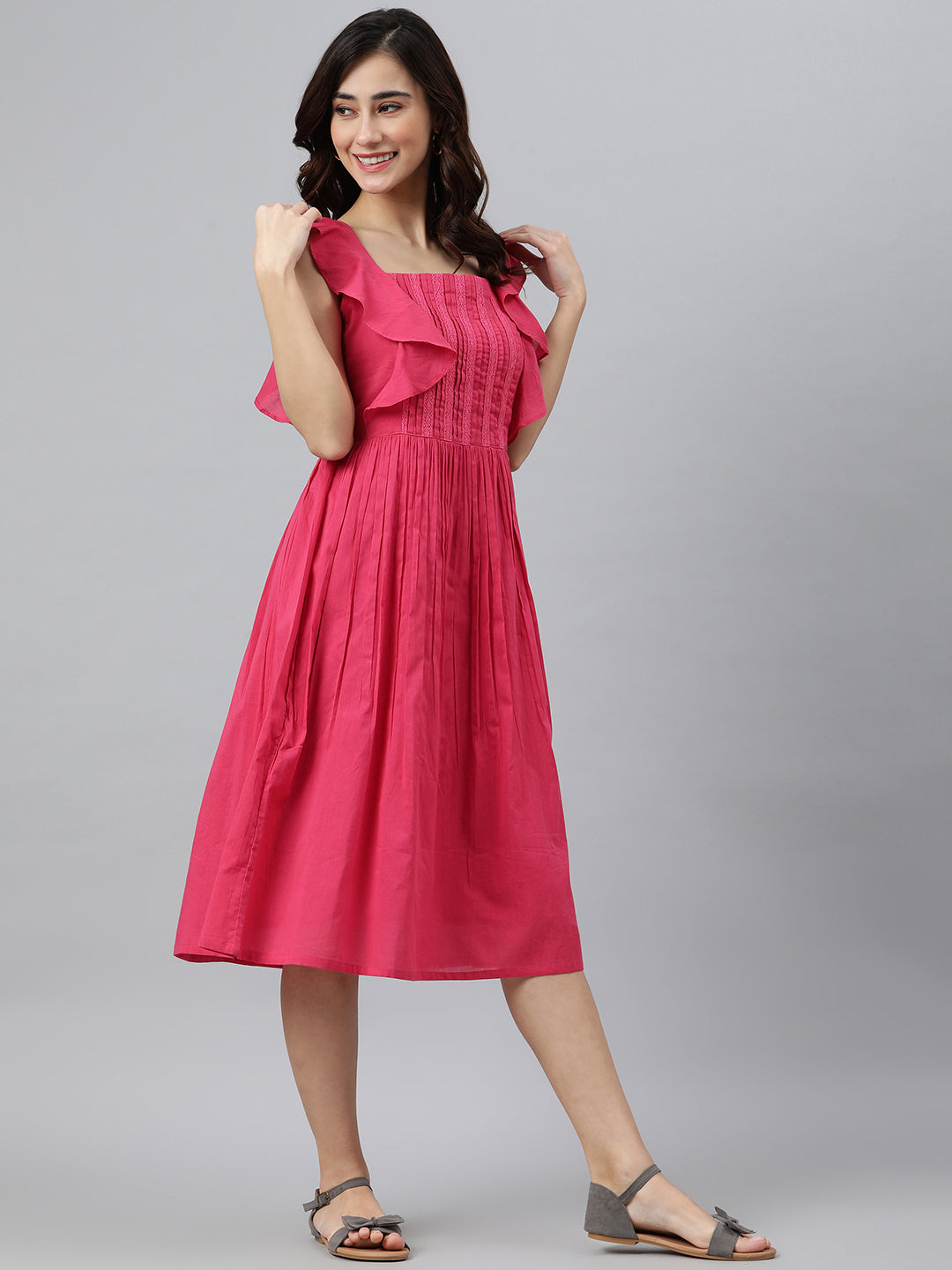 Women's Solid Pink Cotton Dress - Janasya