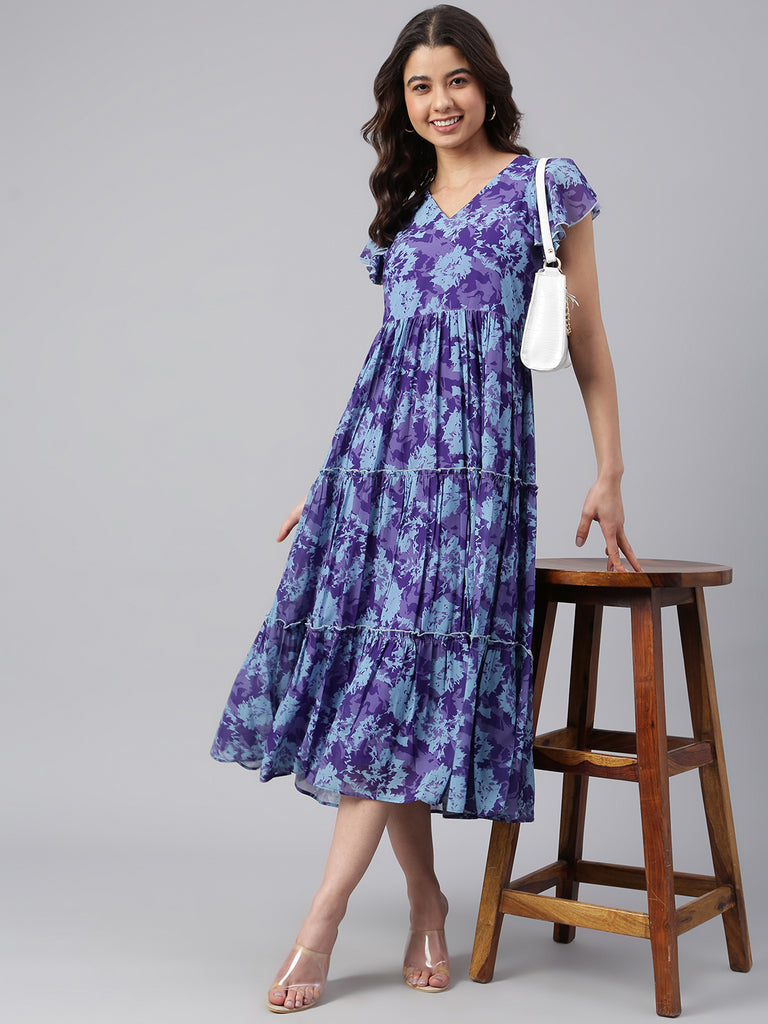Women's Printed Blue Georgette Dress