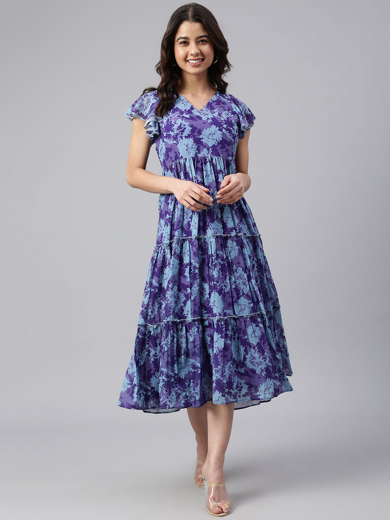 Women's Printed Blue Georgette Dress