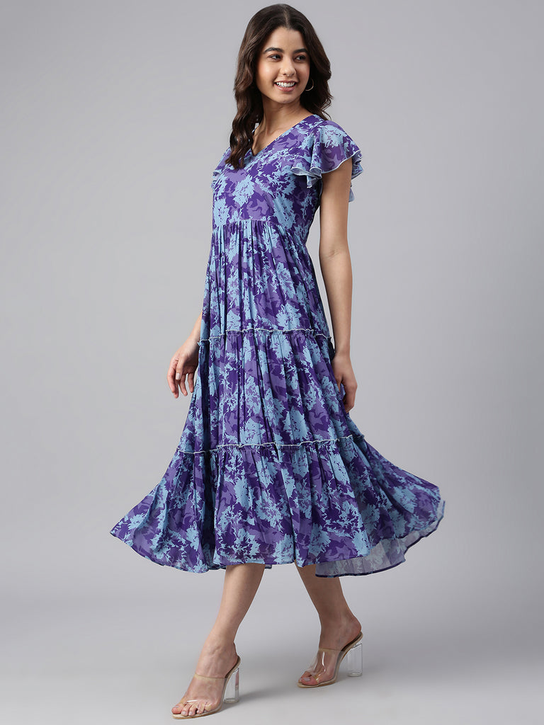 Women's Printed Blue Georgette Dress