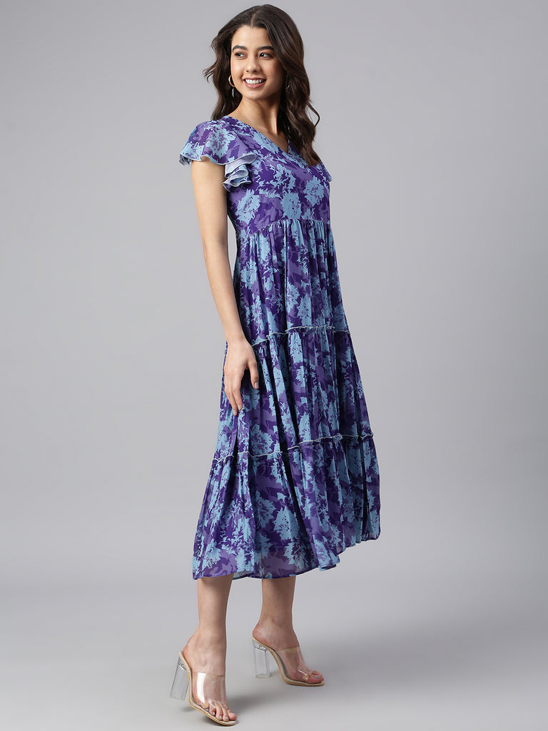Women's Printed Blue Georgette Dress