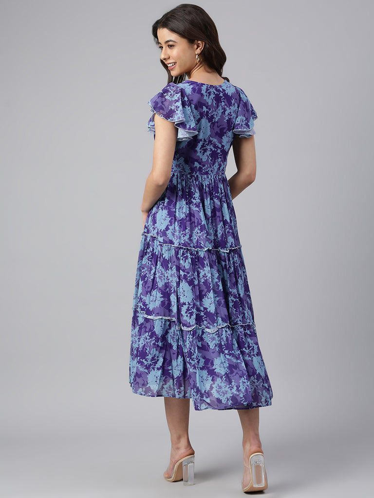 Women's Printed Blue Georgette Dress