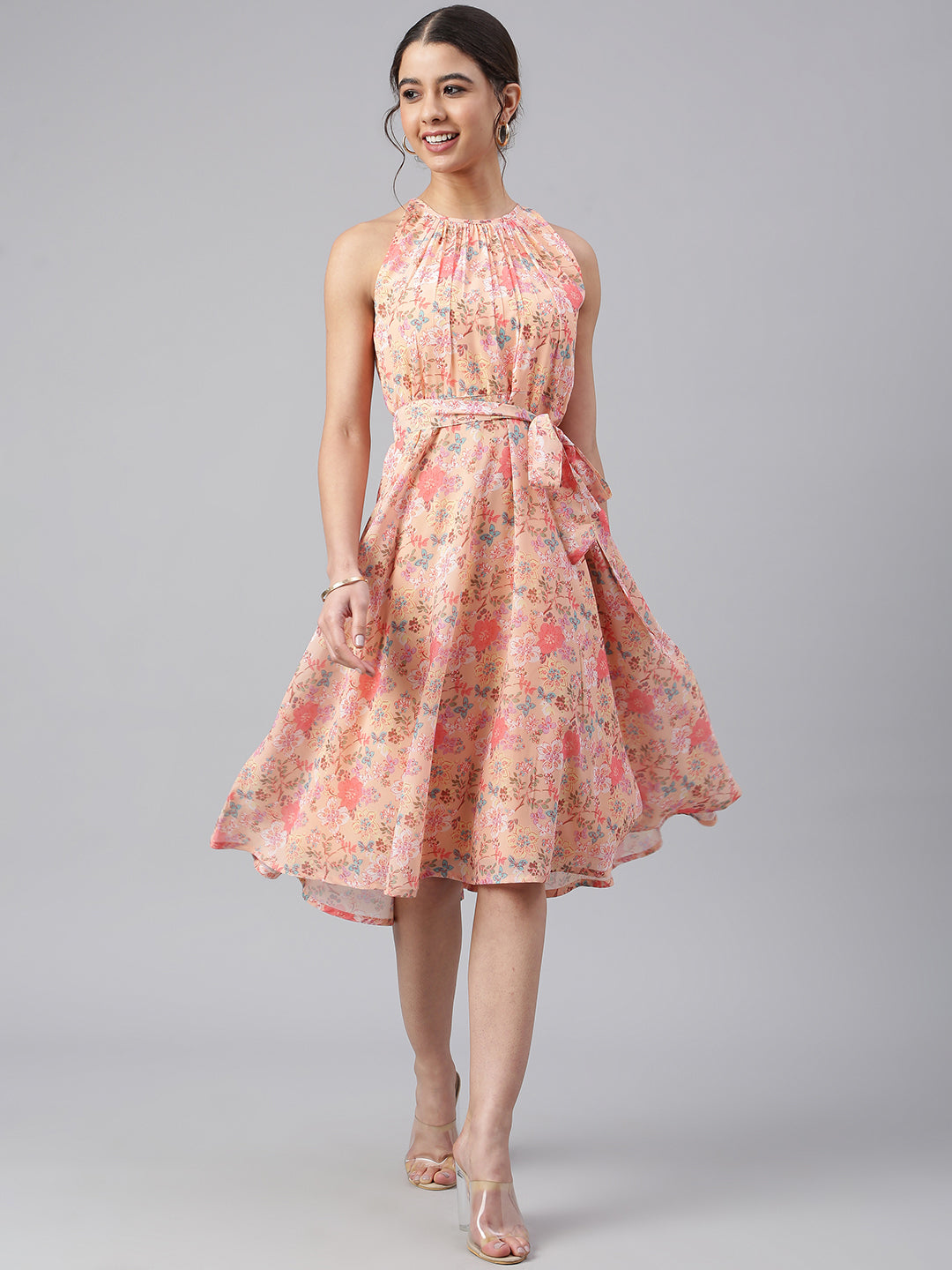 Women's Floral Printed Peach Georgette Dress - Janasya