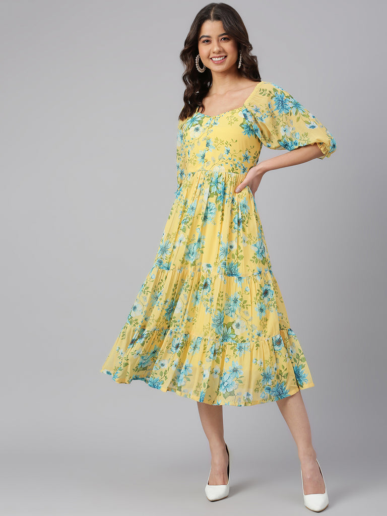 Women's Floral Printed Yellow Georgette Dress