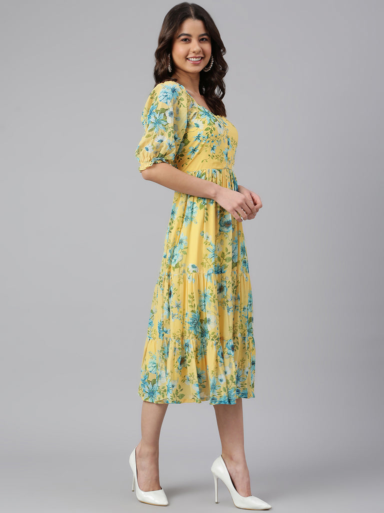 Women's Floral Printed Yellow Georgette Dress