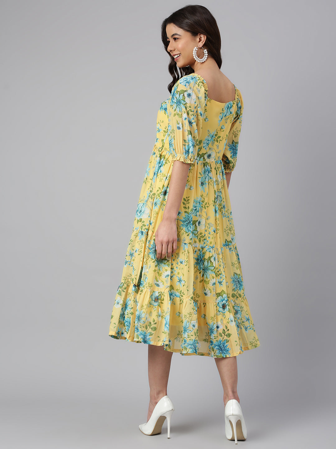 Women's Floral Printed Yellow Georgette Dress - Janasya