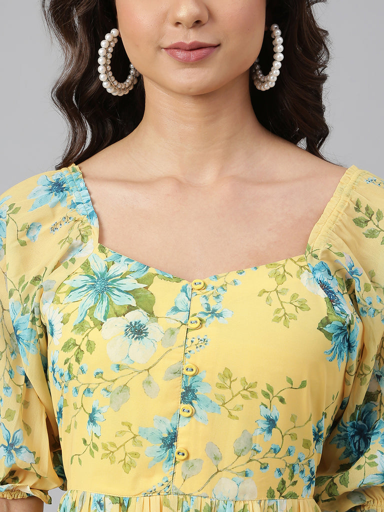 Women's Floral Printed Yellow Georgette Dress