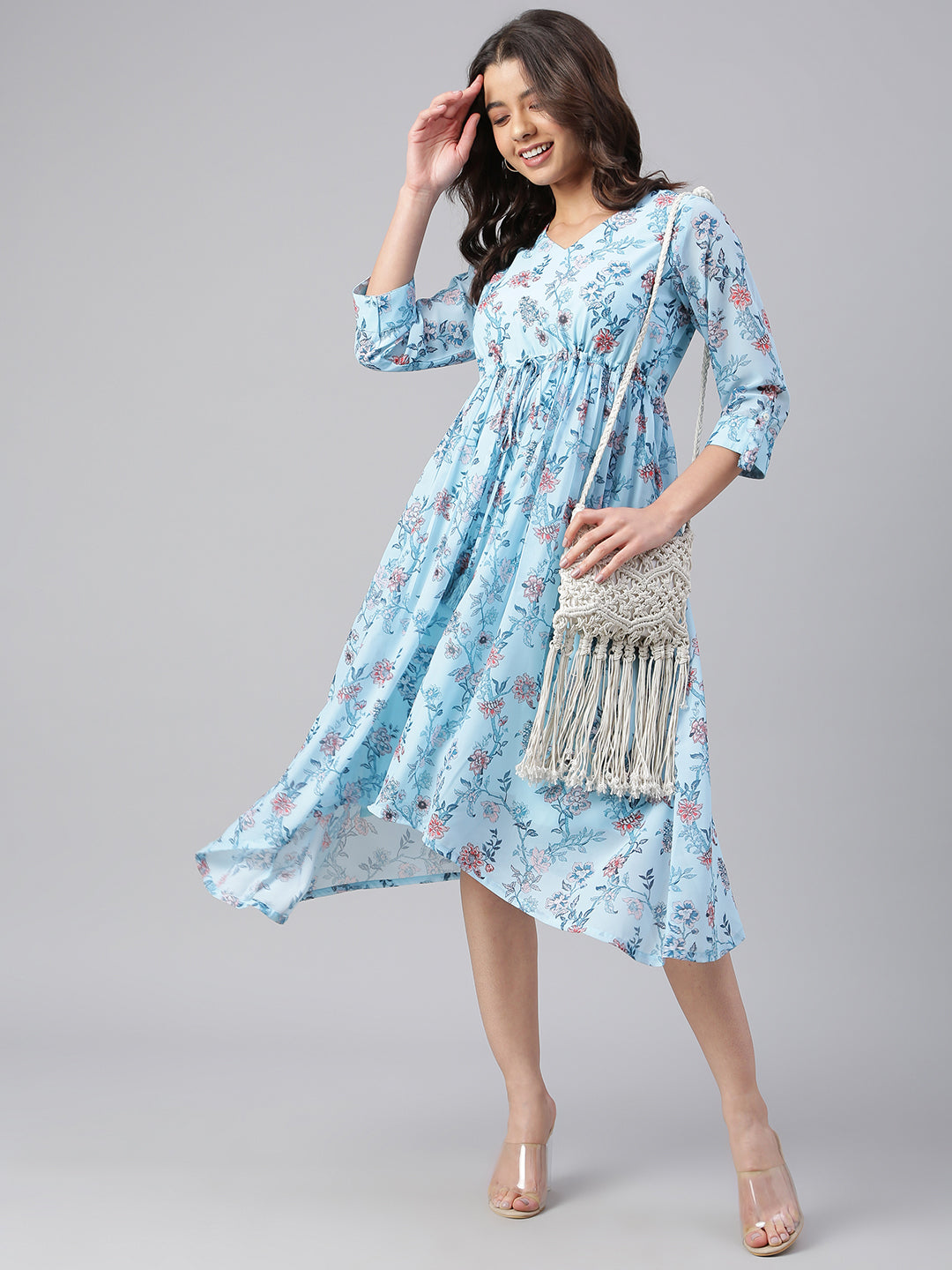 Women's Floral Printed Sky Blue Georgette Dress - Janasya