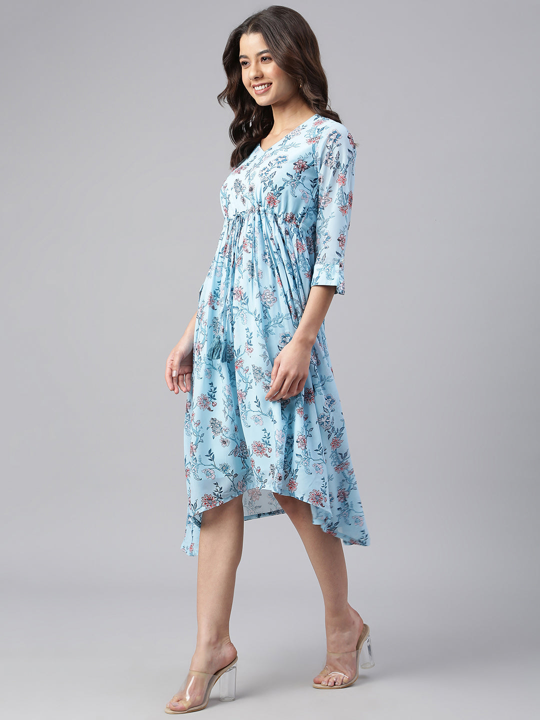 Women's Floral Printed Sky Blue Georgette Dress - Janasya