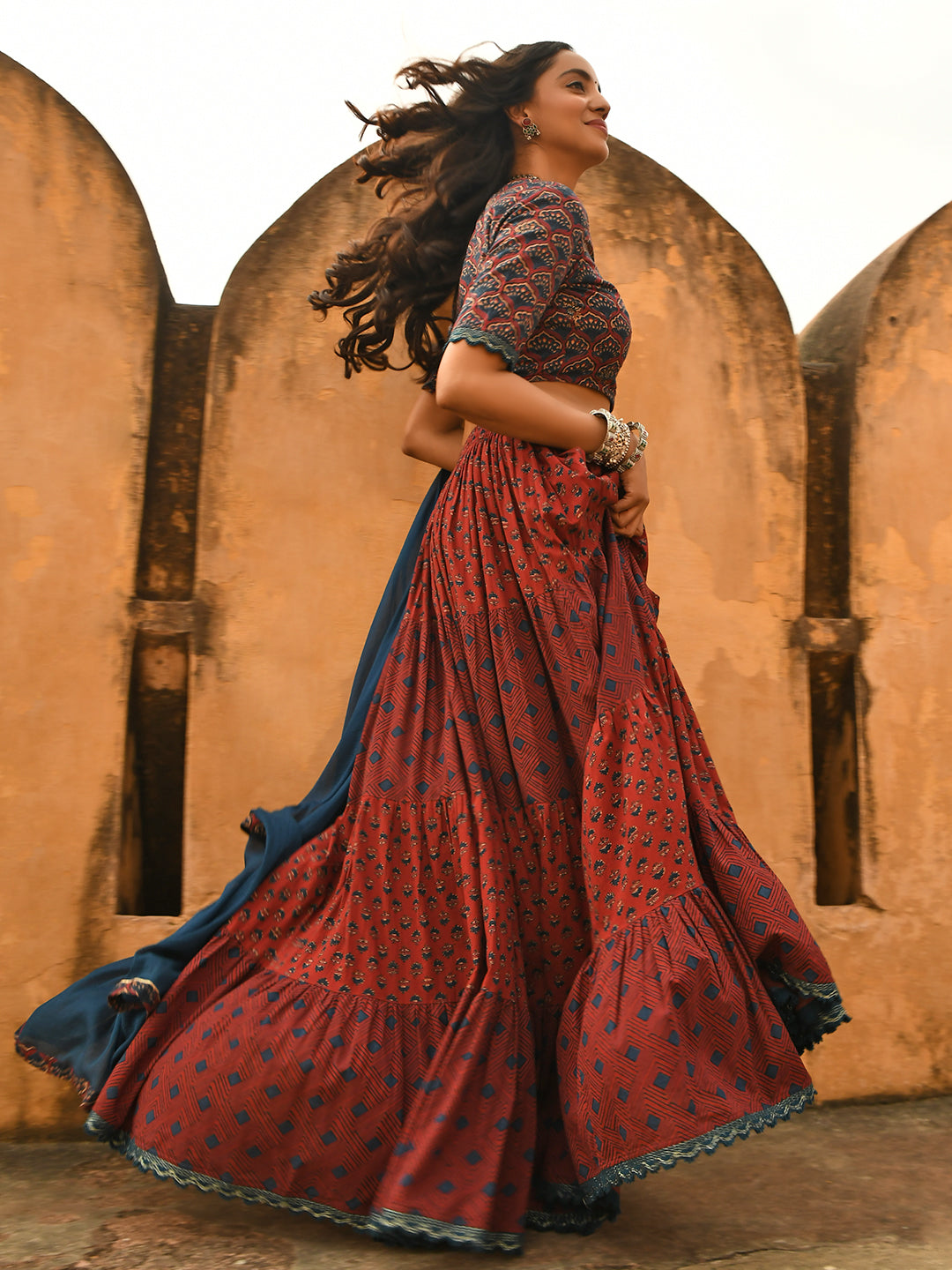 lehenga cotton dress Women's Maroon Cotton Block Print Lehenga Choli With Dupatta Maroon / XS