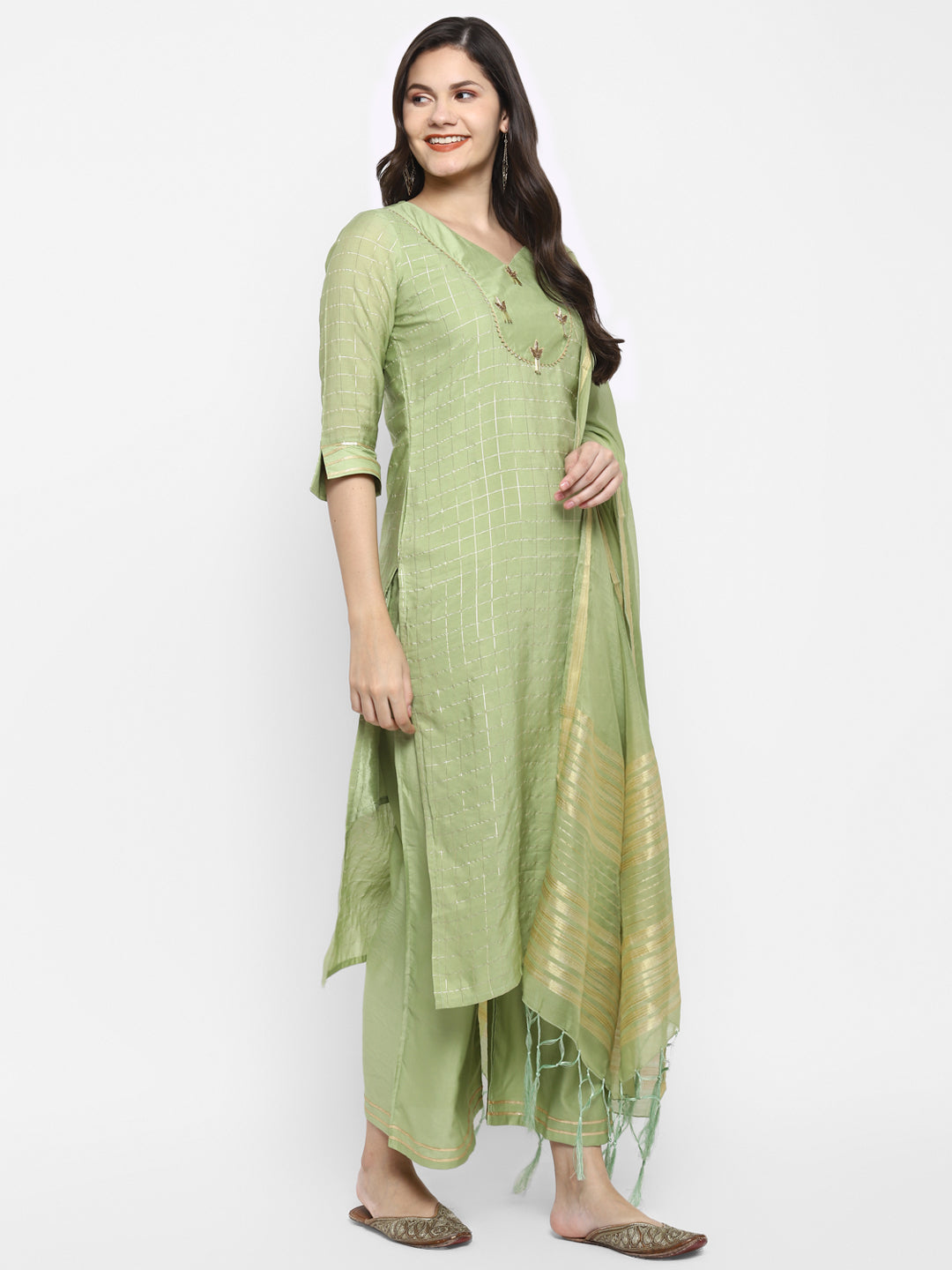 Women's Green Color Chanderi Silk Embroidered Straight Kurta Palazzo With Dupatta - VAABA