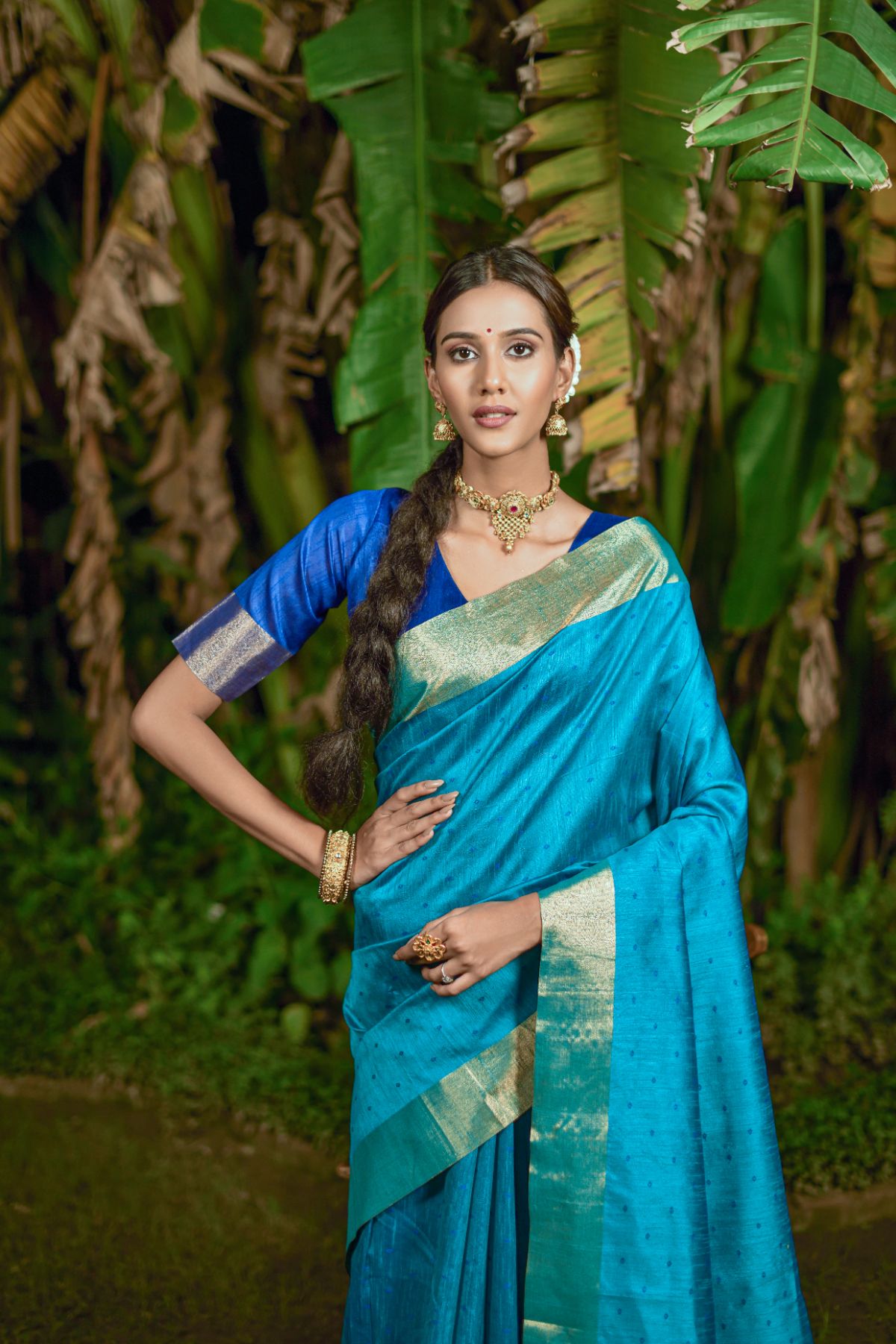 Women's Blue Bandhani Woven Raw Silk Saree with Tassels - Vishnu Weaves