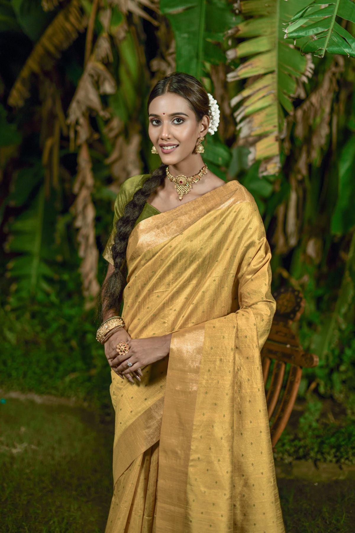 Women's Mustard Bandhani Woven Raw Silk Saree with Tassels - Vishnu Weaves