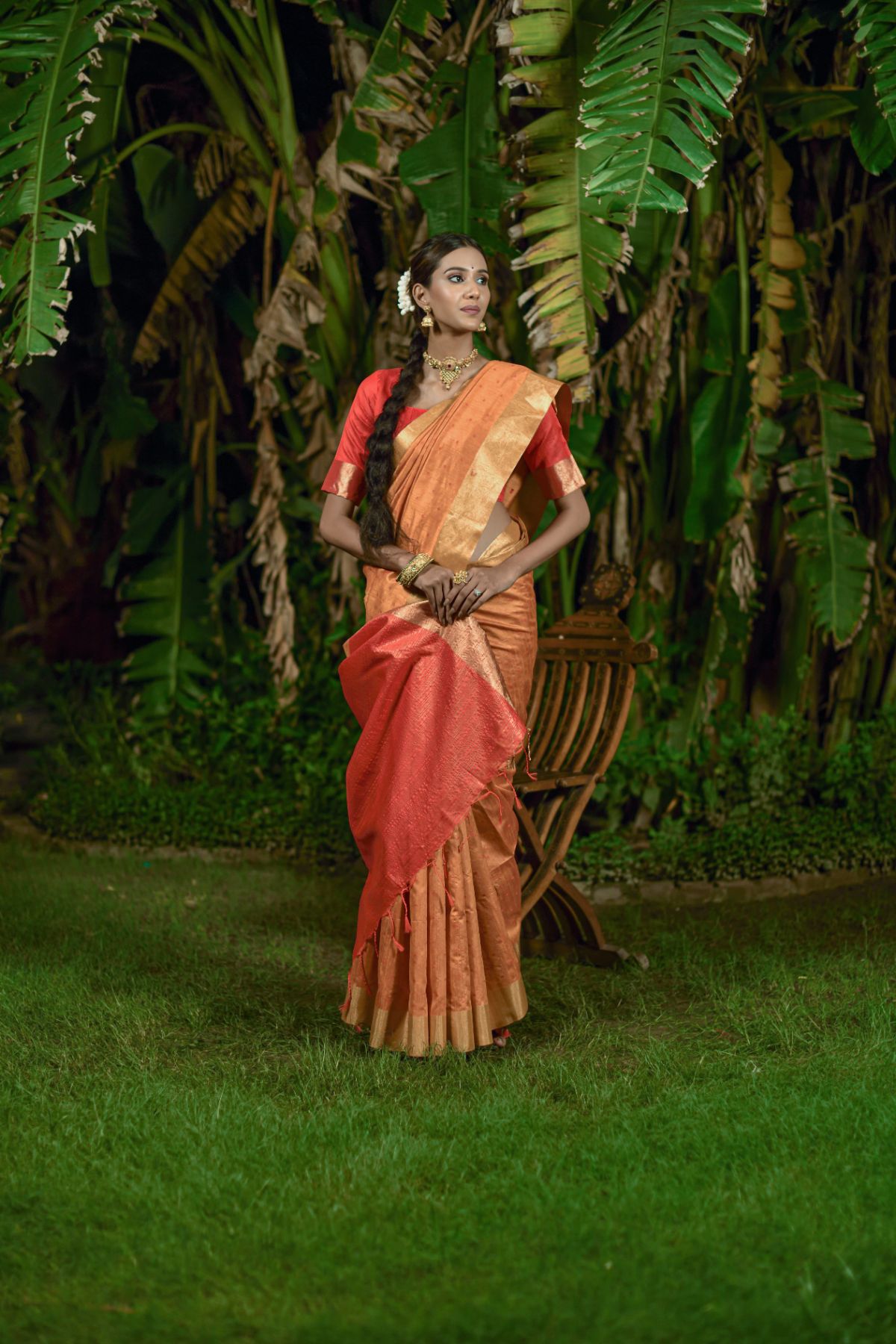 Women's Orange Bandhani Woven Raw Silk Saree with Tassels - Vishnu Weaves