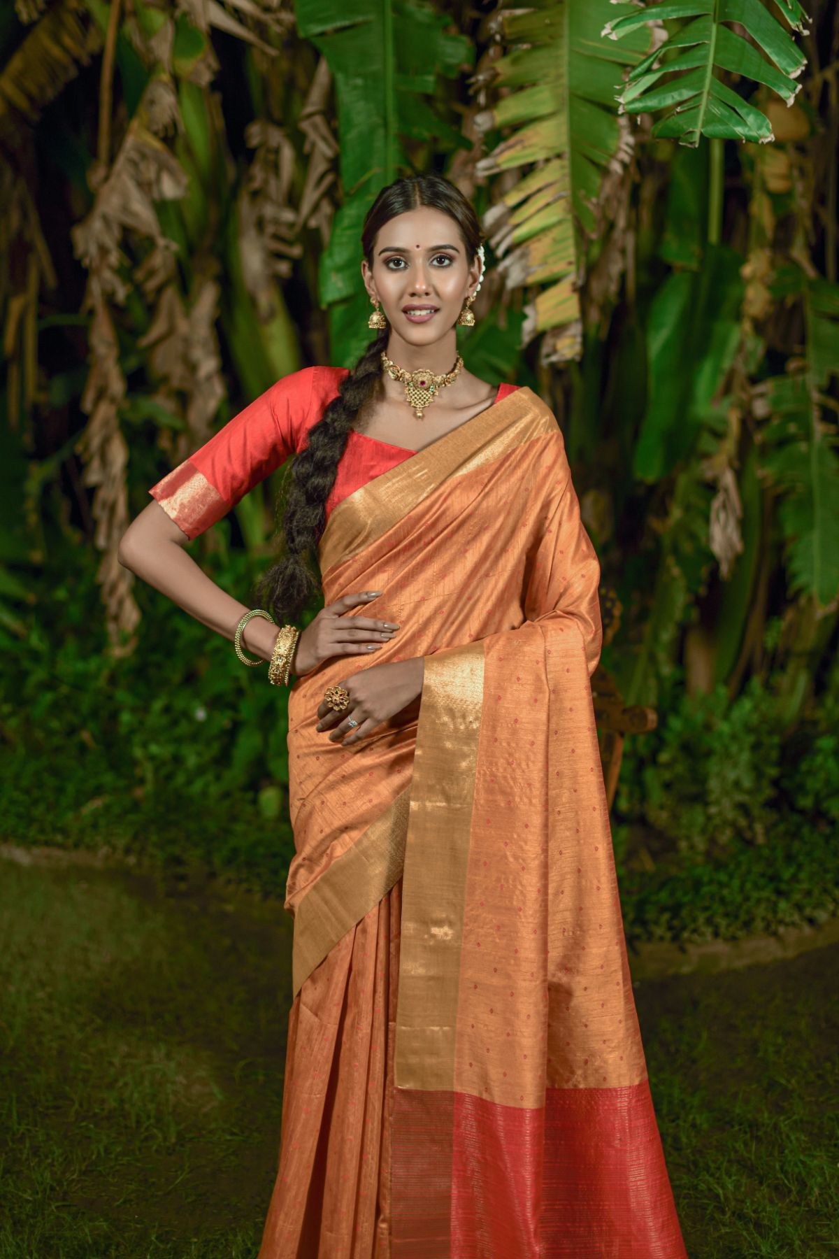 Women's Orange Bandhani Woven Raw Silk Saree with Tassels - Vishnu Weaves
