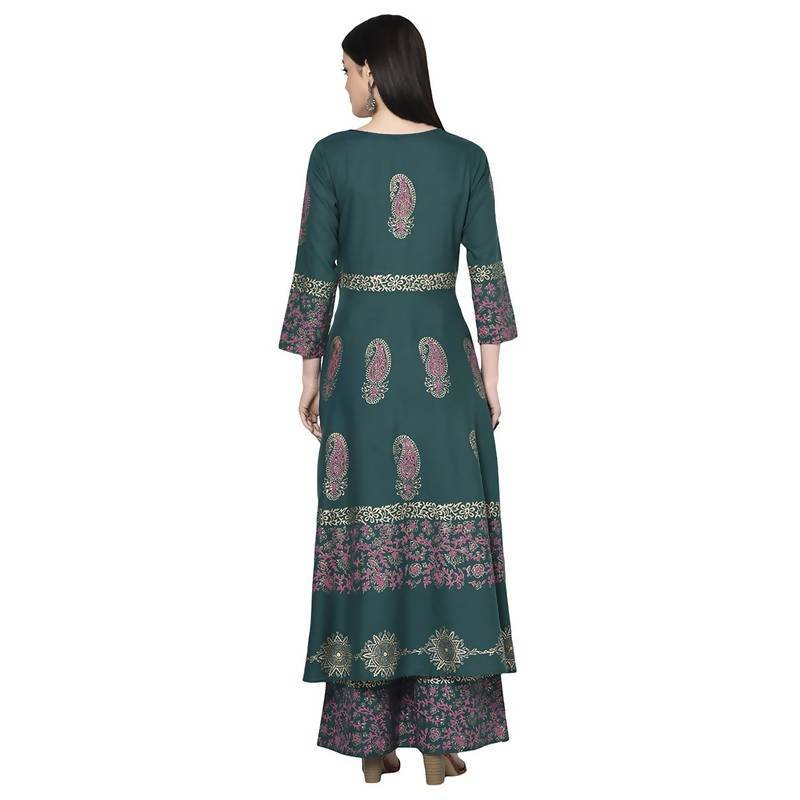 Women's Teal Blue Rayon Block print Anarkali Kurta