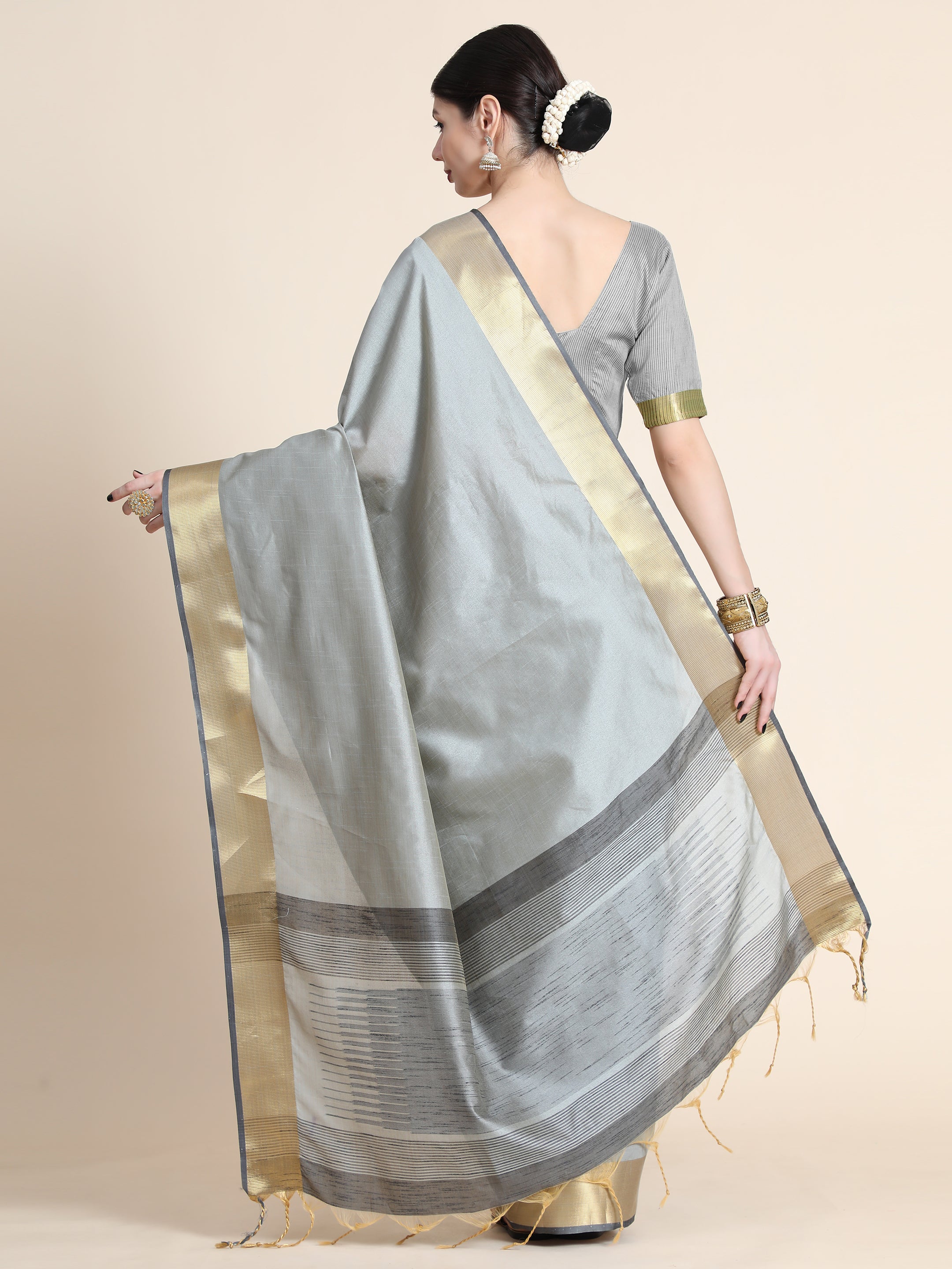 Women's Grey Raw Silk Zari Woven Saree With Blouse - Vishnu Weaves