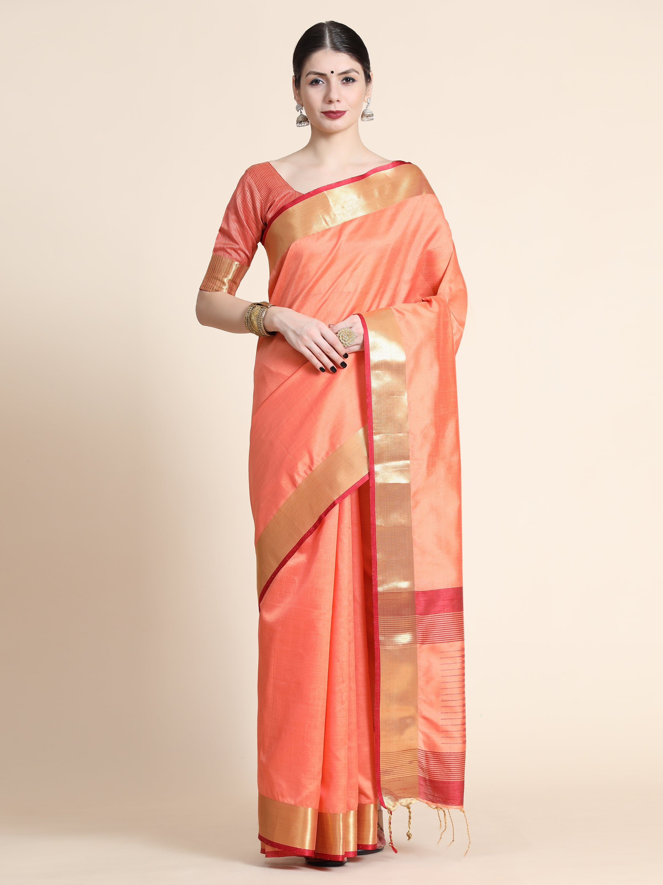 Women's Orange Raw Silk Zari Woven Saree With Blouse - Vishnu Weaves