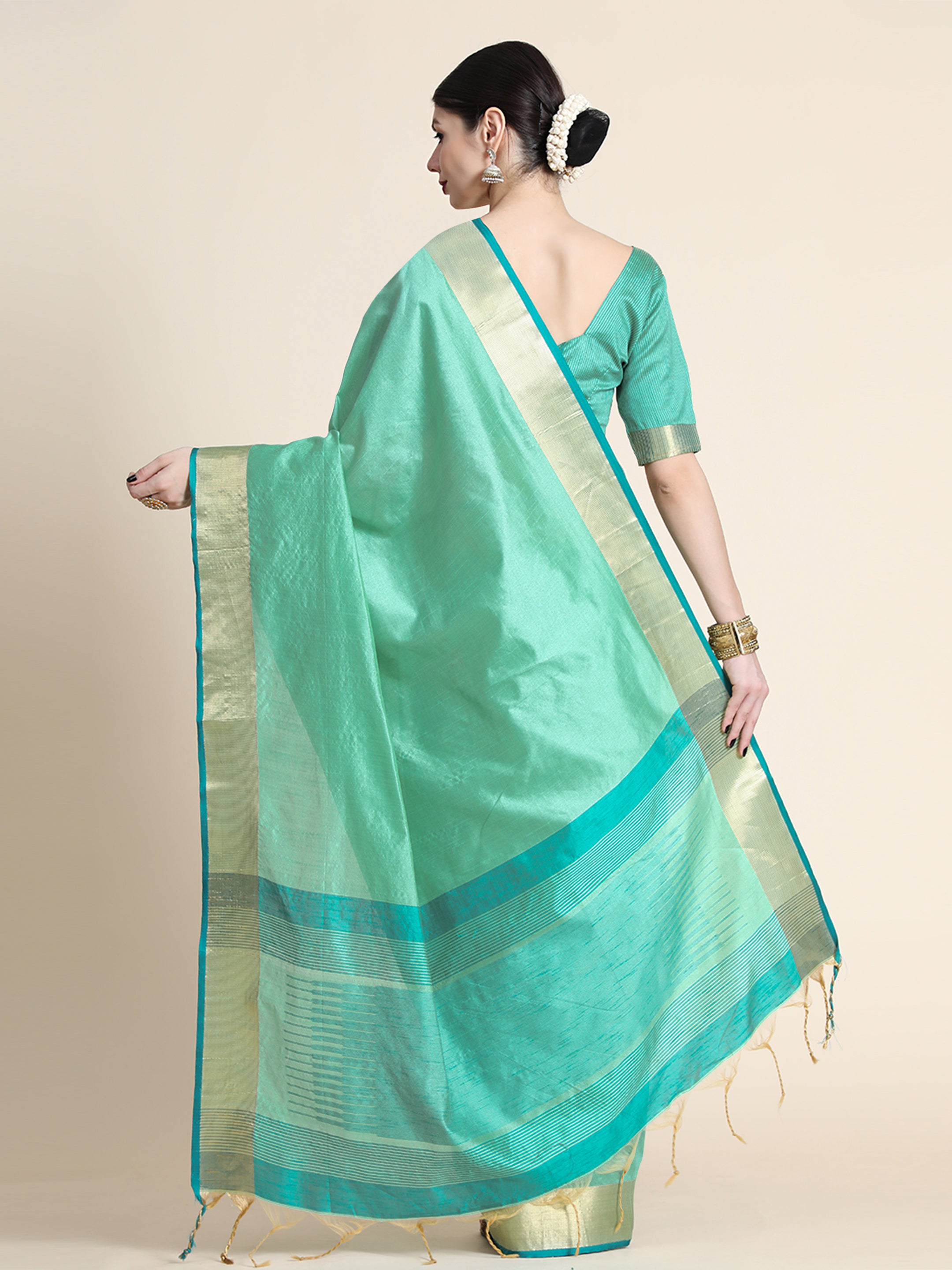 Women's Sea Green Raw Silk Zari Woven Saree With Blouse - Vishnu Weaves