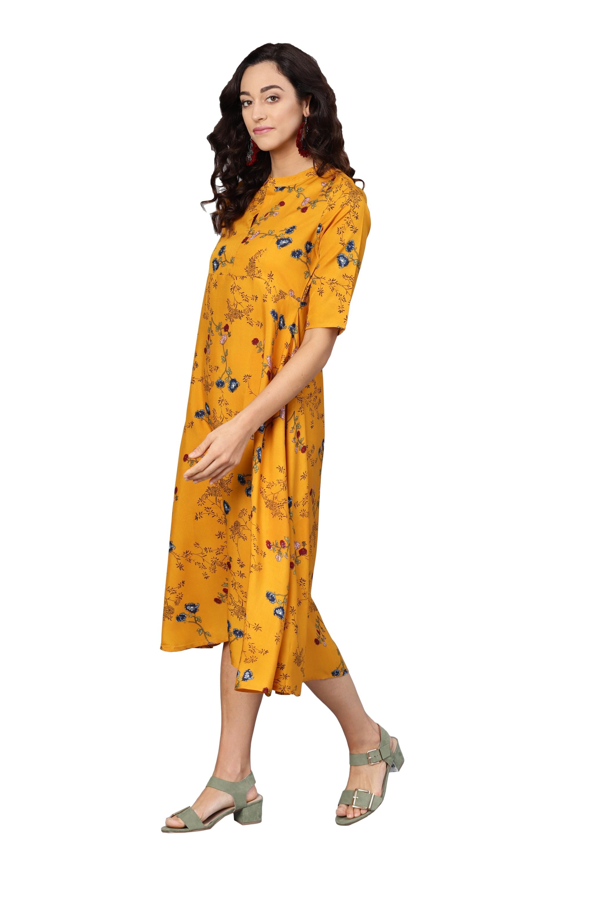 Women's Yellow Crepe Printed Short Sleeve Collar Neck Dress - Myshka