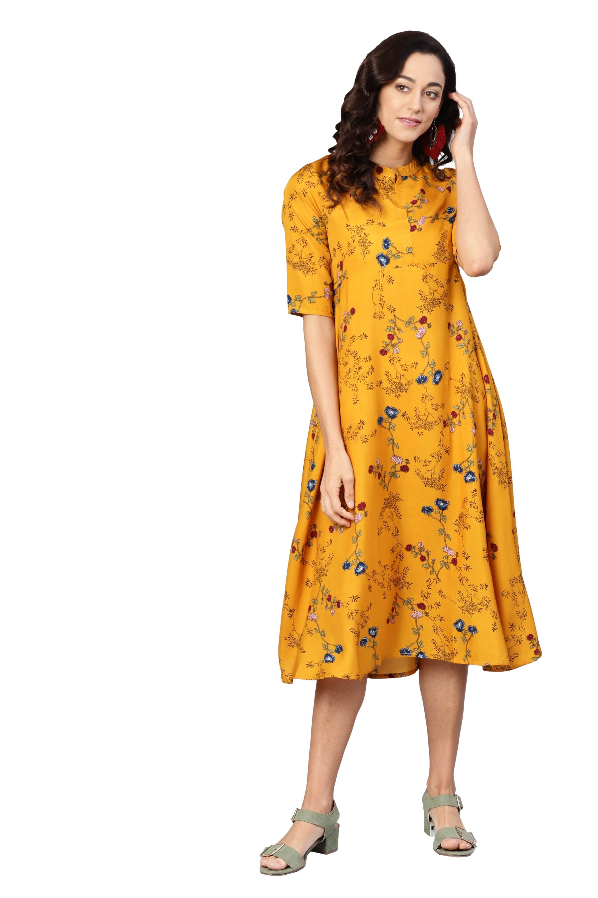 Women's Yellow Crepe Printed Short Sleeve Collar Neck Dress - Myshka
