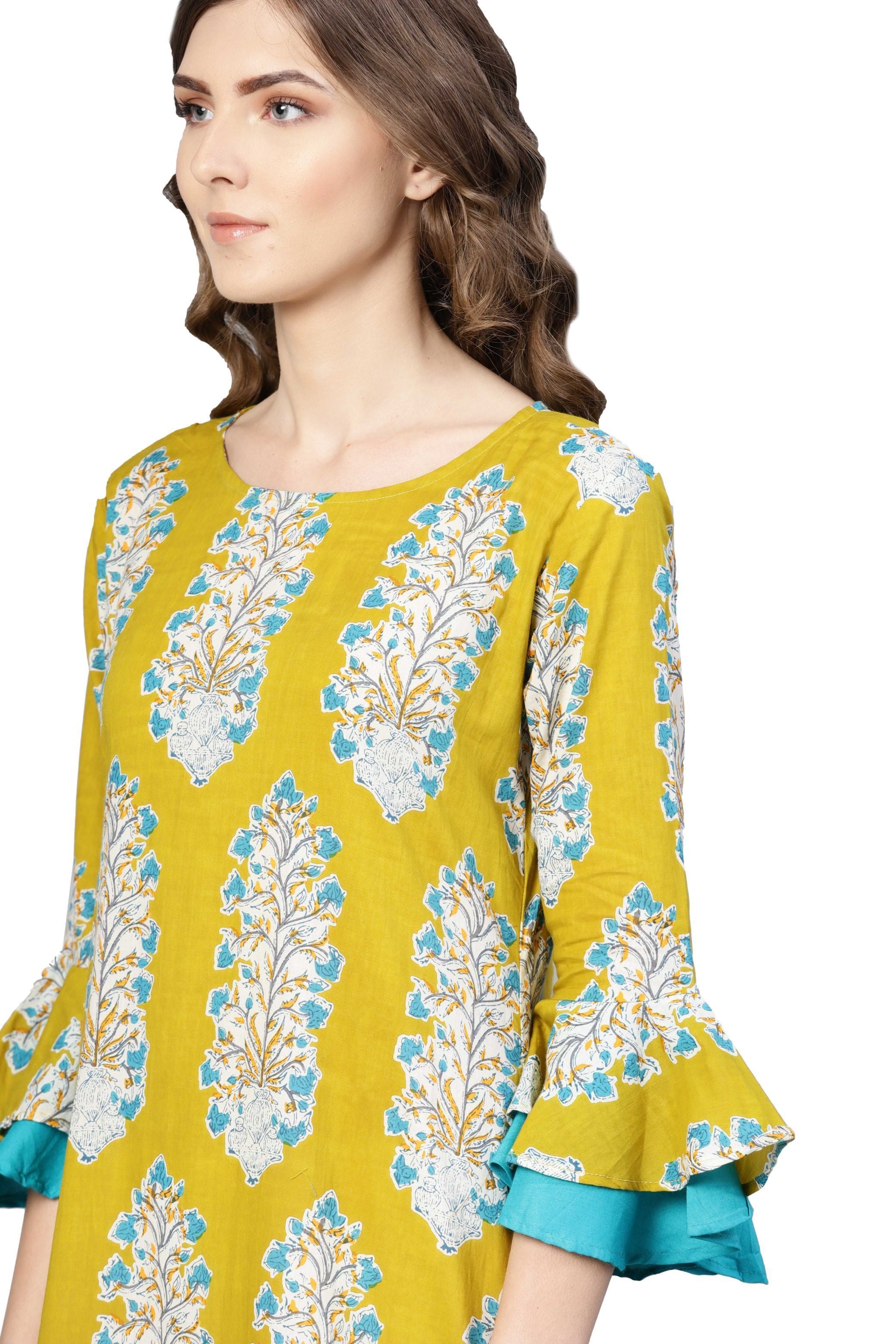 Women's Yellow Cotton Printed Bell Sleeve Round Neck Dress - Myshka