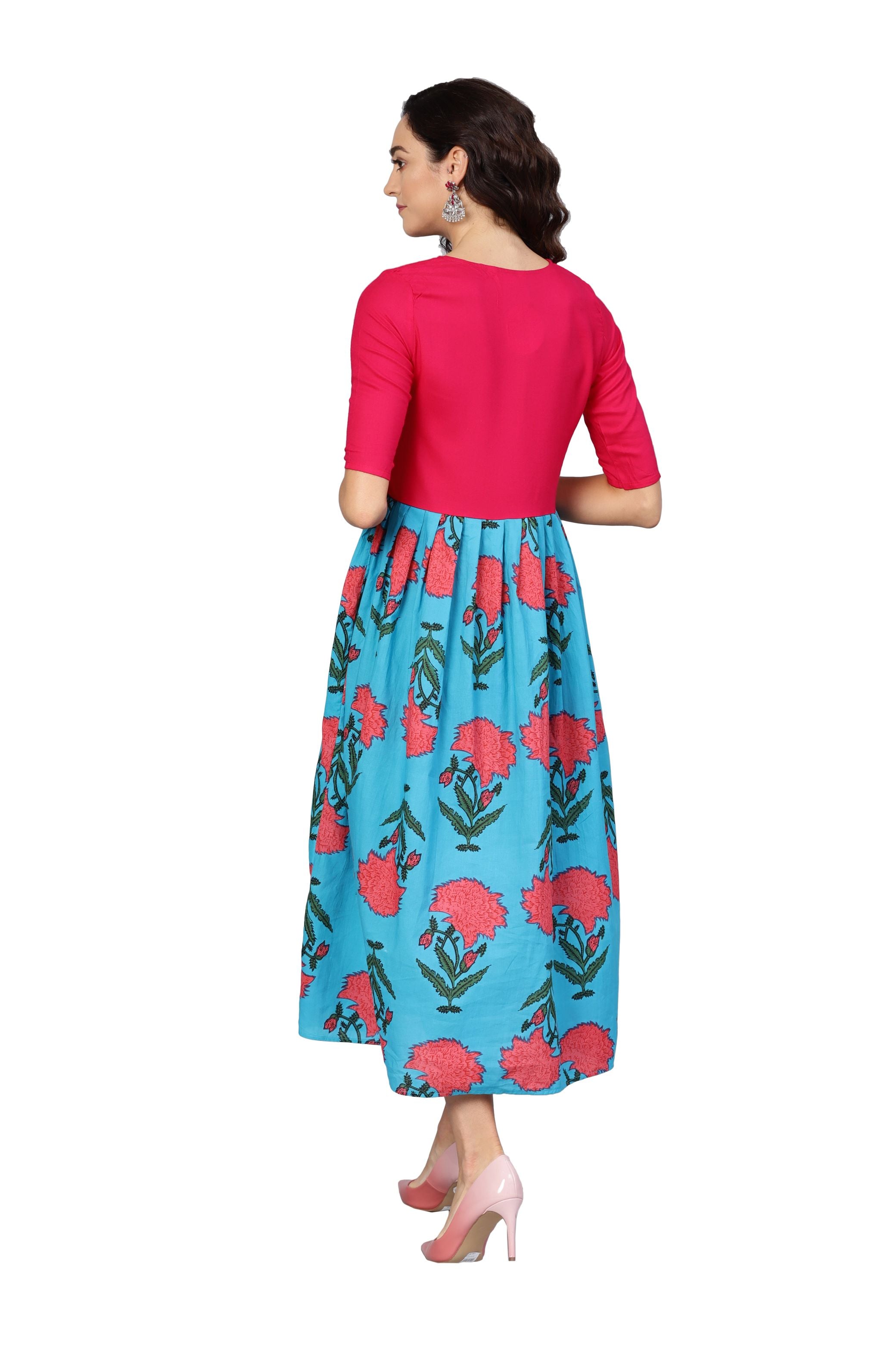 Women's Pink & Sky Blue Cotton Printed Raglan Sleeve Round Neck Dress - Myshka