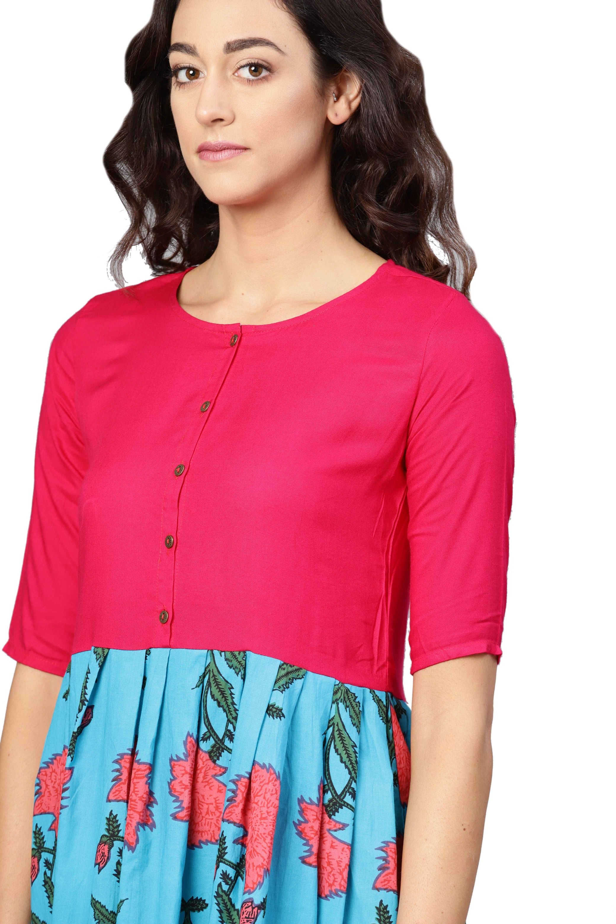 Women's Pink & Sky Blue Cotton Printed Raglan Sleeve Round Neck Dress - Myshka