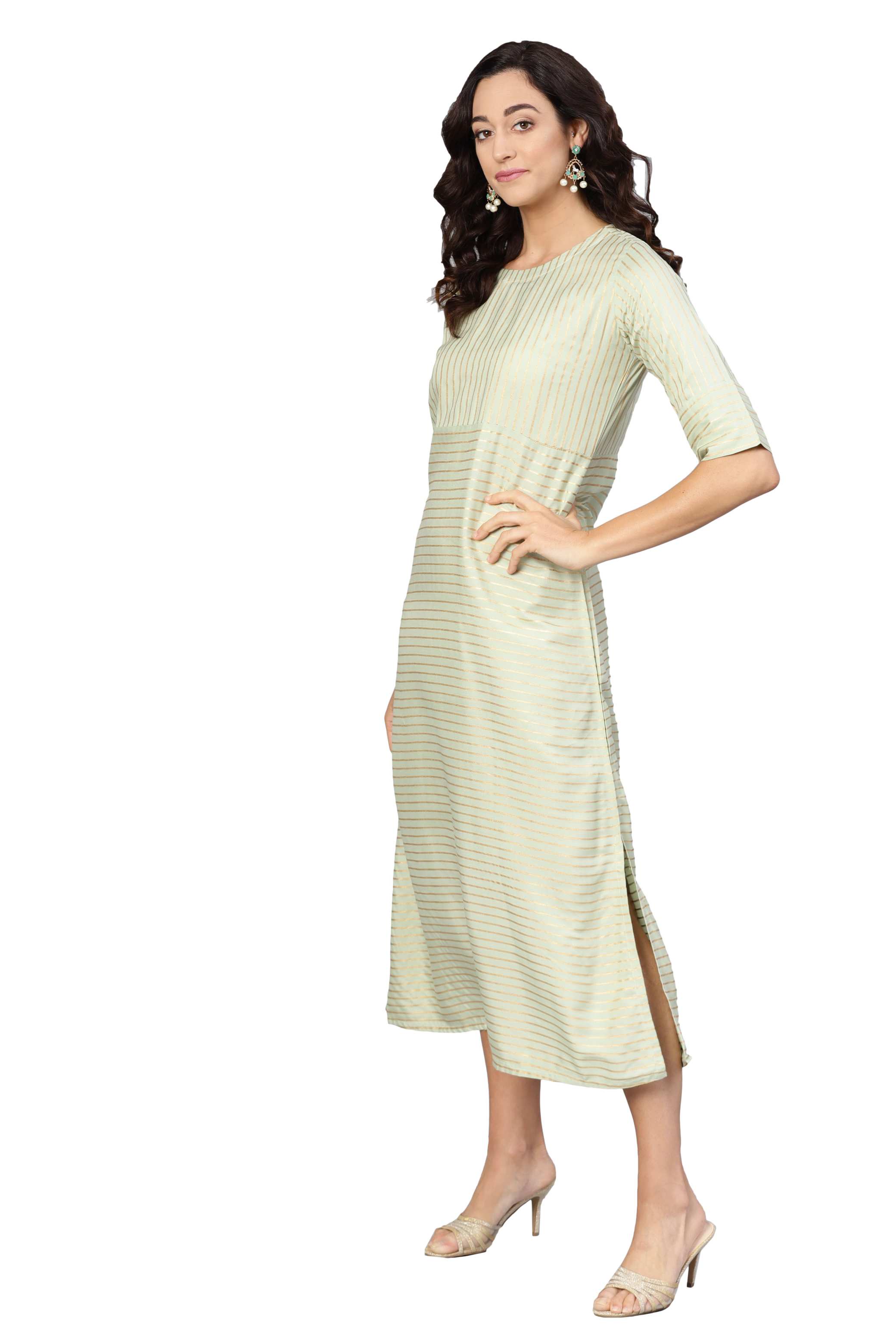 Women's Light Green Rayon Solid Half Sleeve Round Neck Dress - Myshka