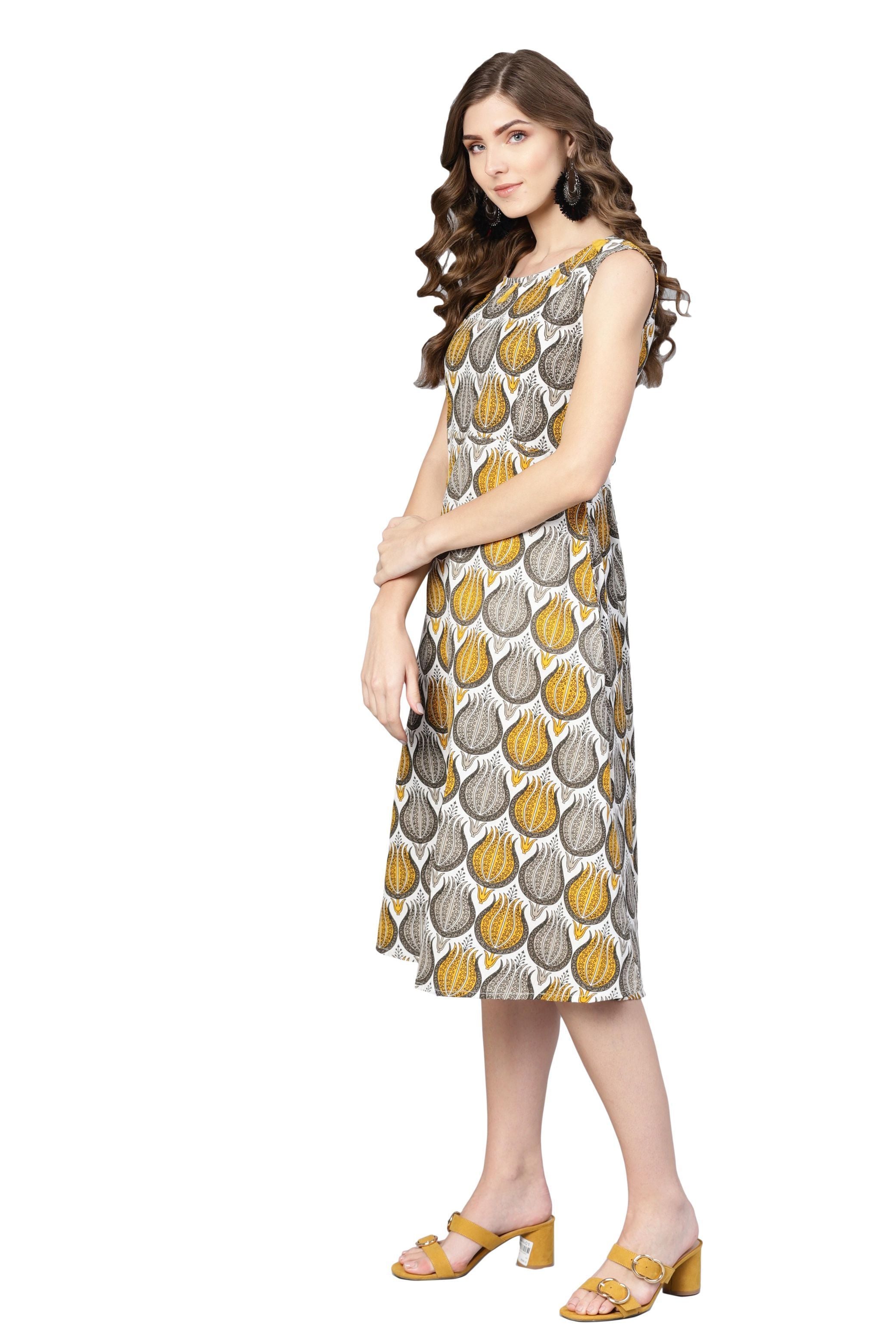 Women's Multi Rayon Printed Sleveeless Round Neck Dress - Myshka