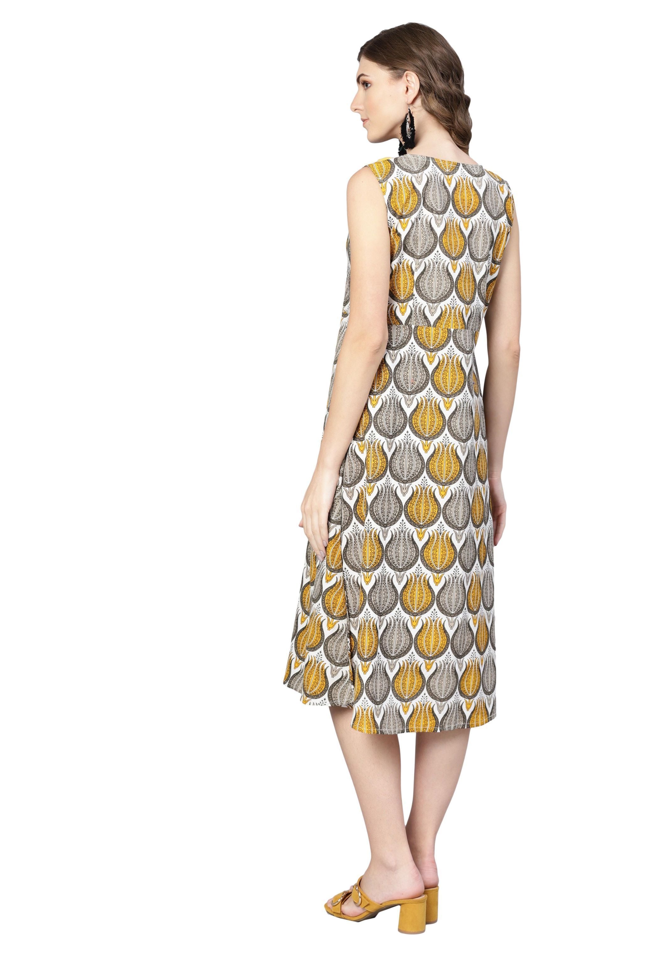 Women's Multi Rayon Printed Sleveeless Round Neck Dress - Myshka