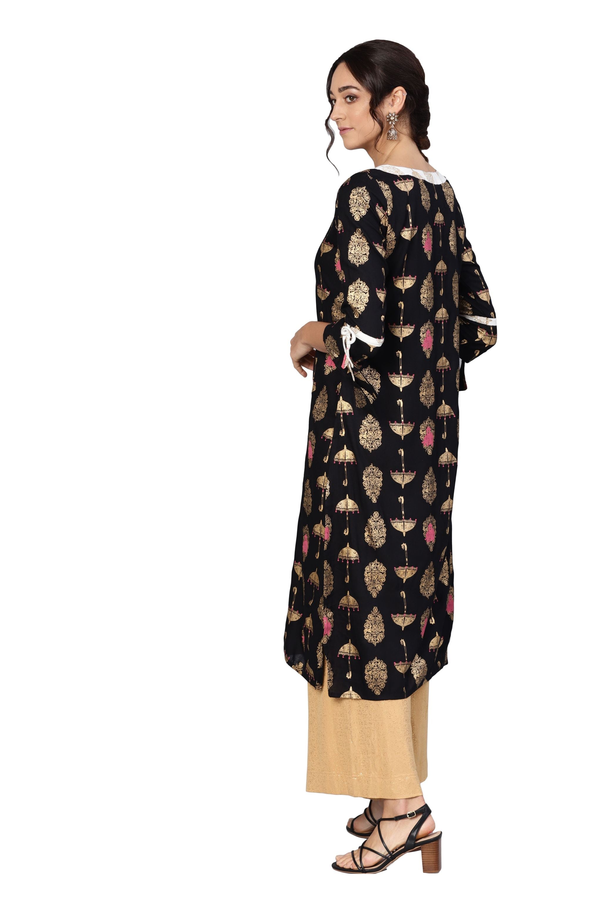 Women's Black Rayon Printed 3/4 Sleeve Round Neck Dress - Myshka