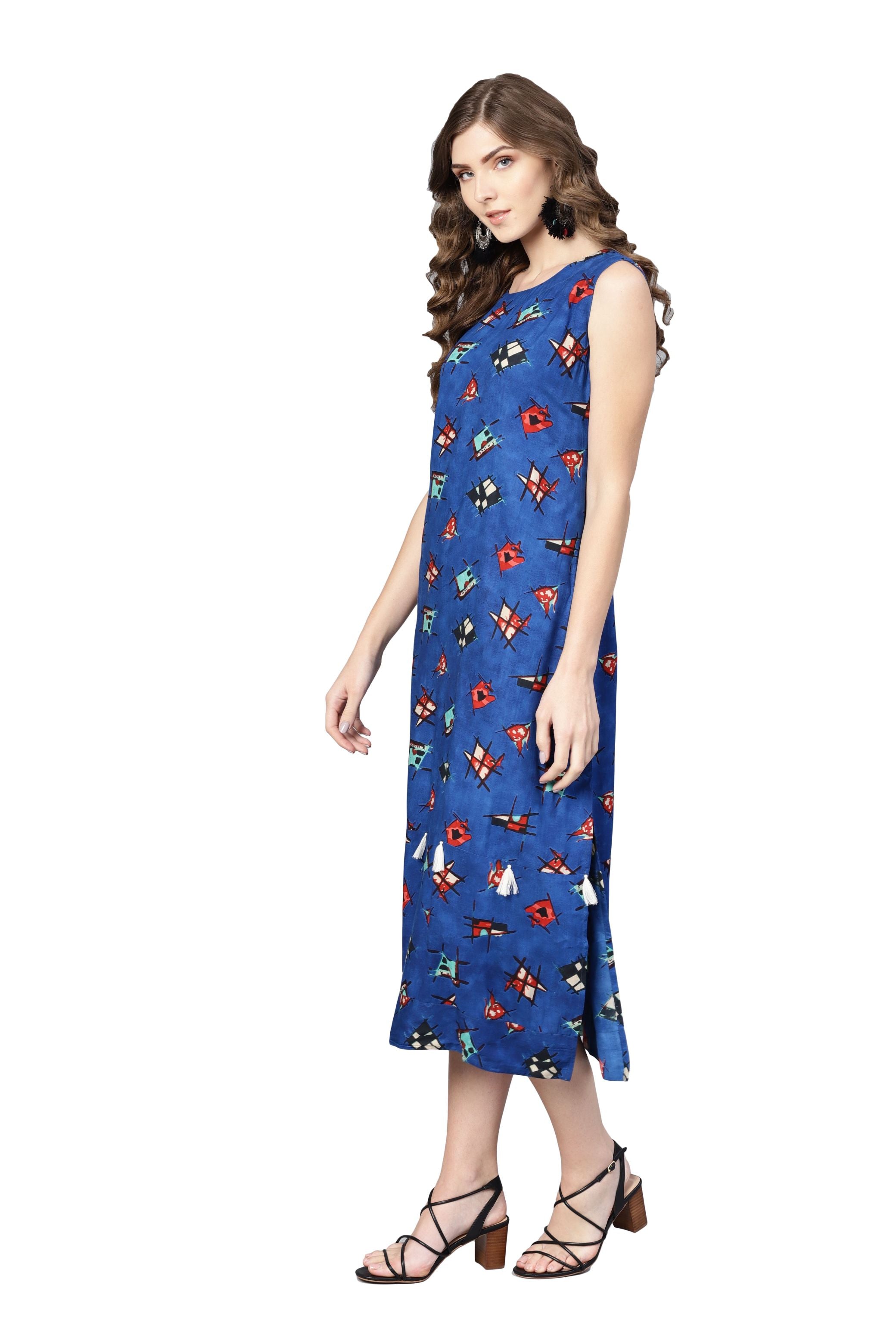 Women's Blue Rayon Printed Sleveeless Round Neck Dress - Myshka