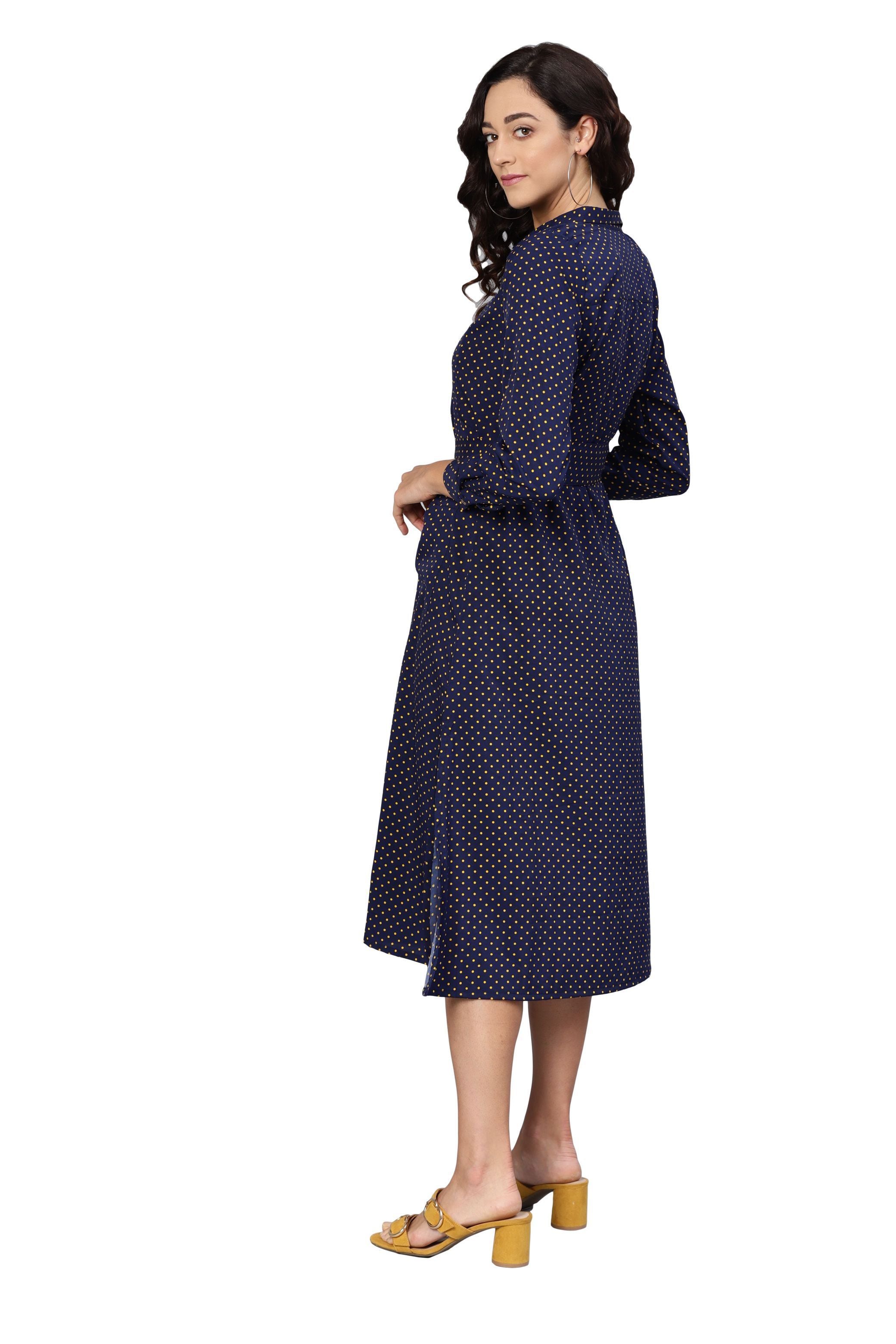 Women's Navy Blue Poly Crepe Solid 3/4 Sleeve Collar Neck Dress - Myshka