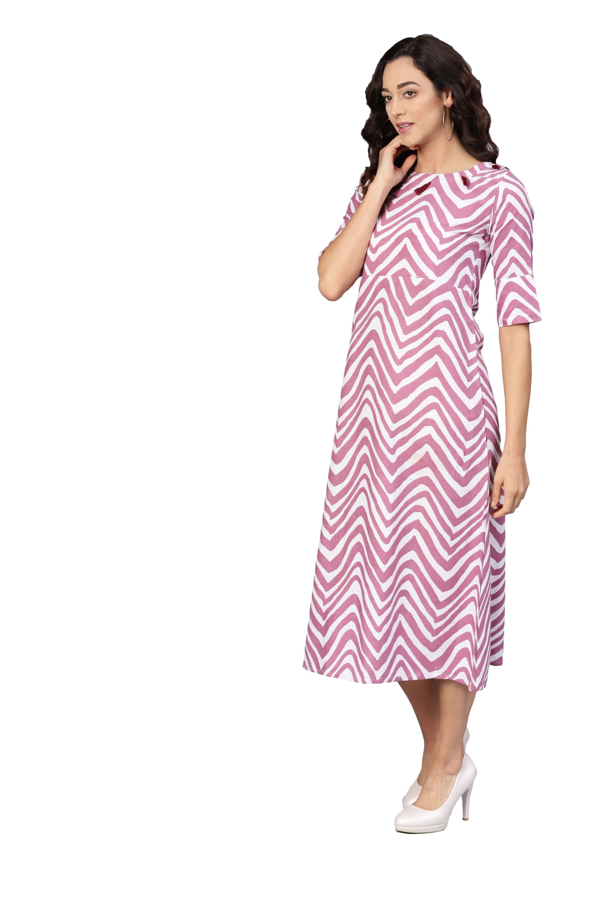 Women's Pink Cotton Solid Half Sleeve Round Neck Dress - Myshka