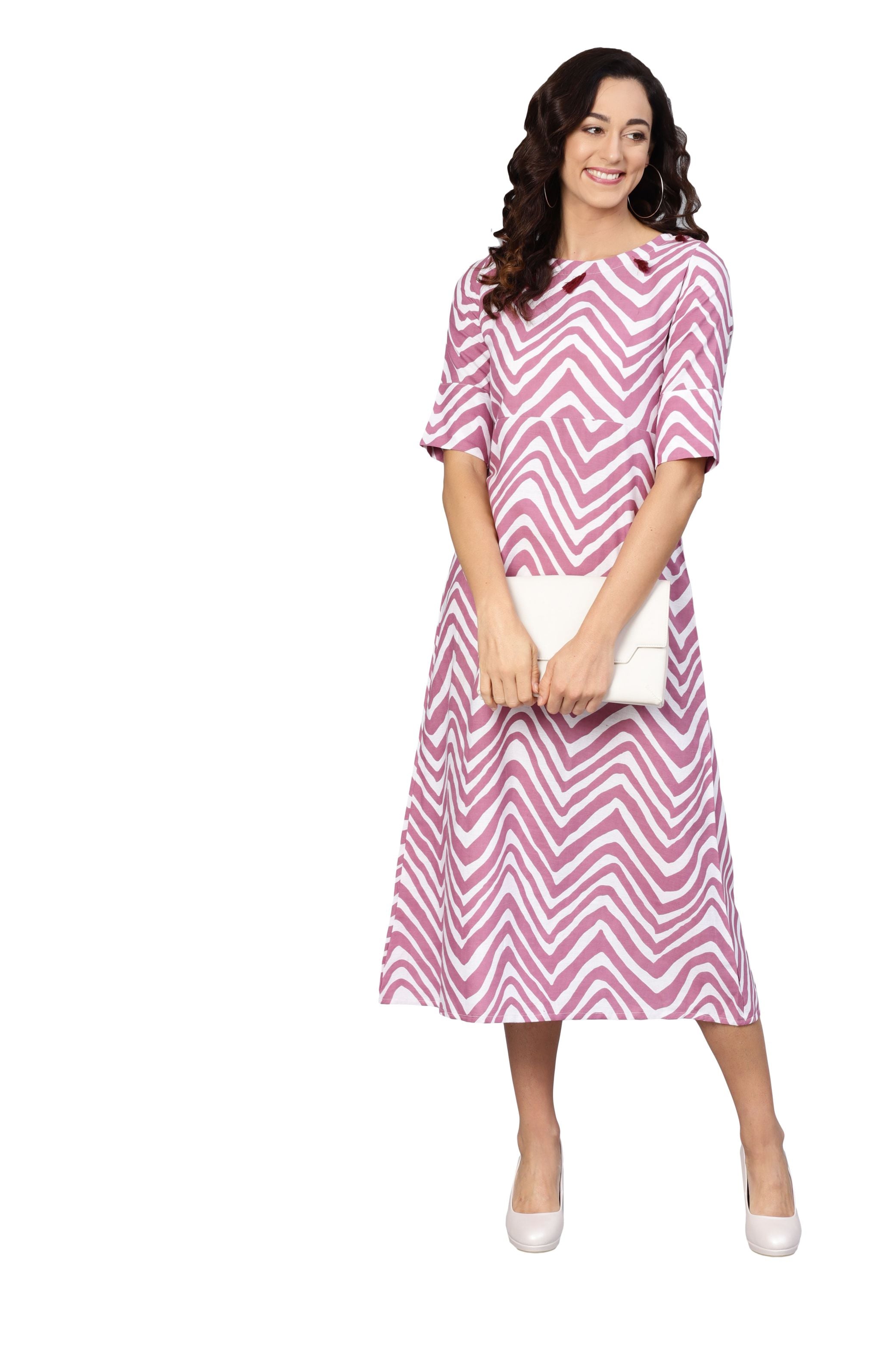 Women's Pink Cotton Solid Half Sleeve Round Neck Dress - Myshka