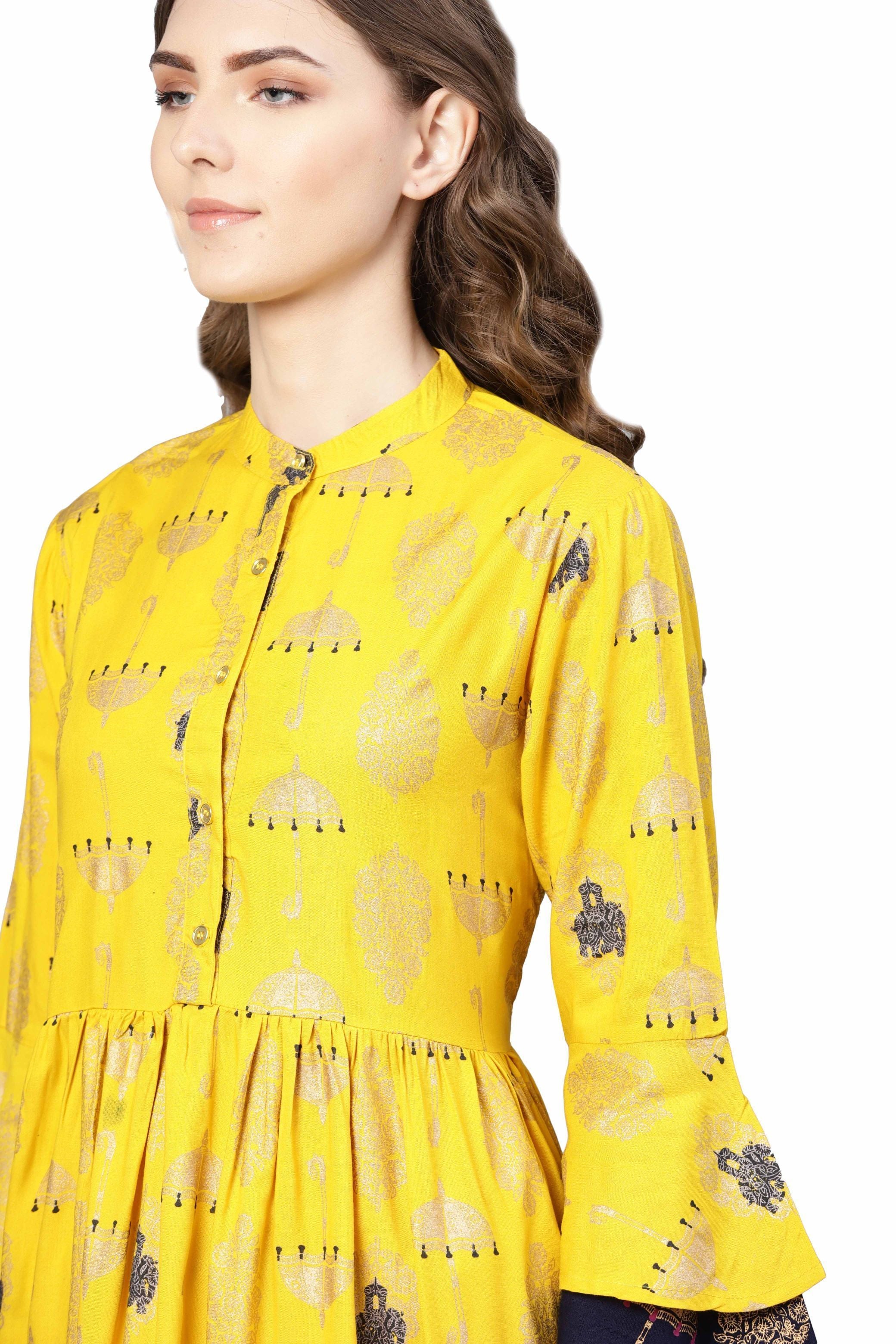 Women's Yellow Rayon Printed 3/4 Sleeve Round Neck Dress - Myshka