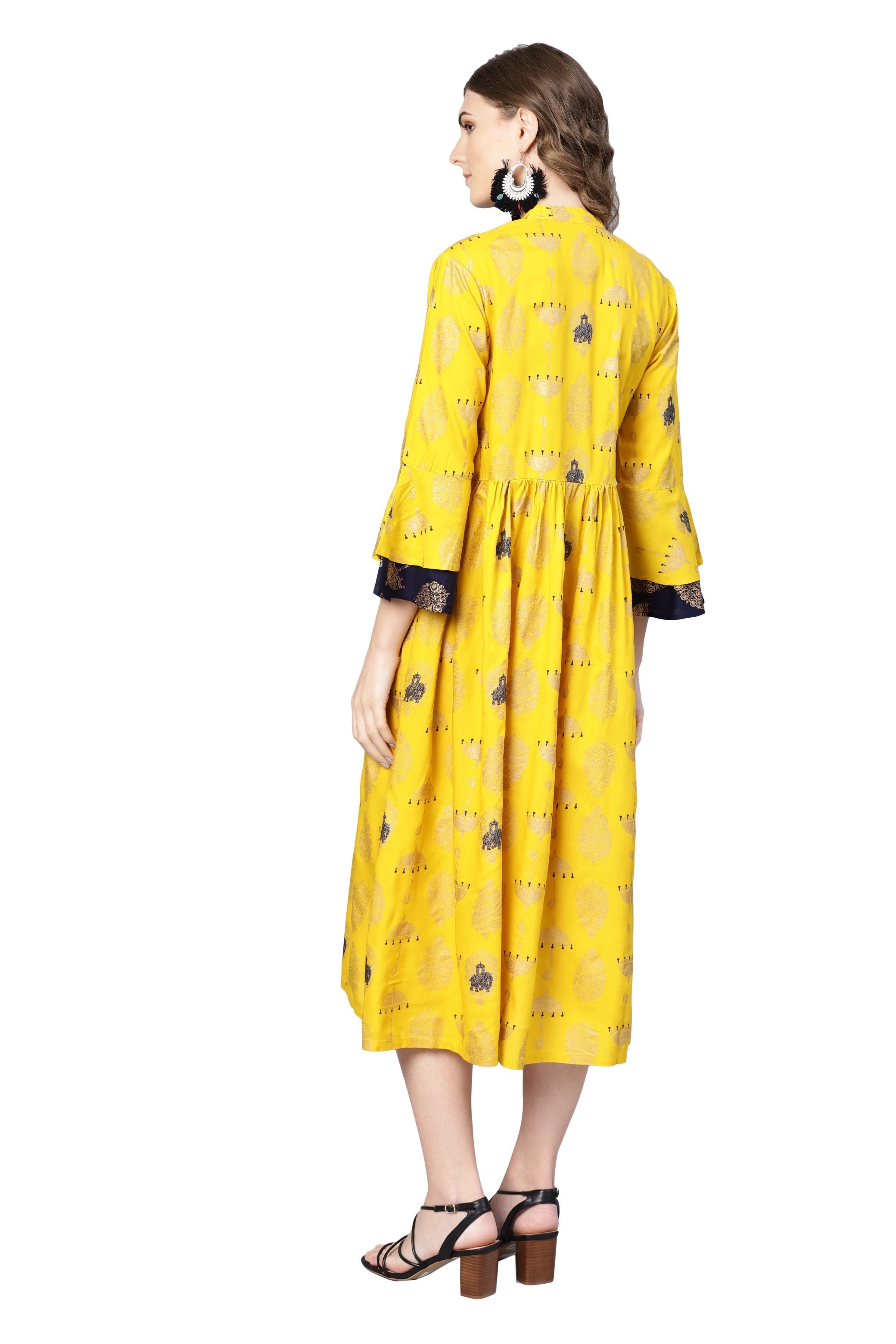 Women's Yellow Rayon Printed 3/4 Sleeve Round Neck Dress - Myshka